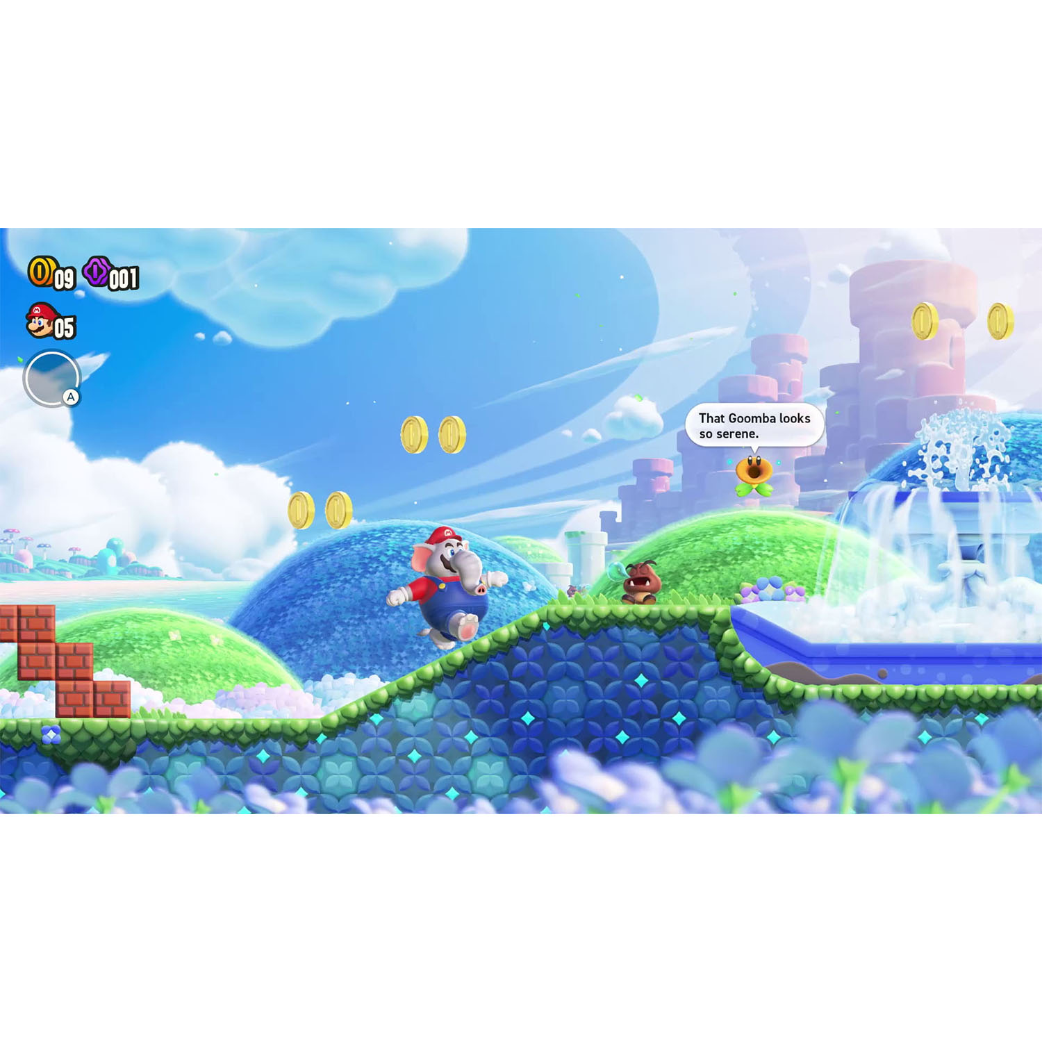 Scena di gioco di Mario con un Goomba. Un Goomba sembra sereno. Cielo blu con monete.