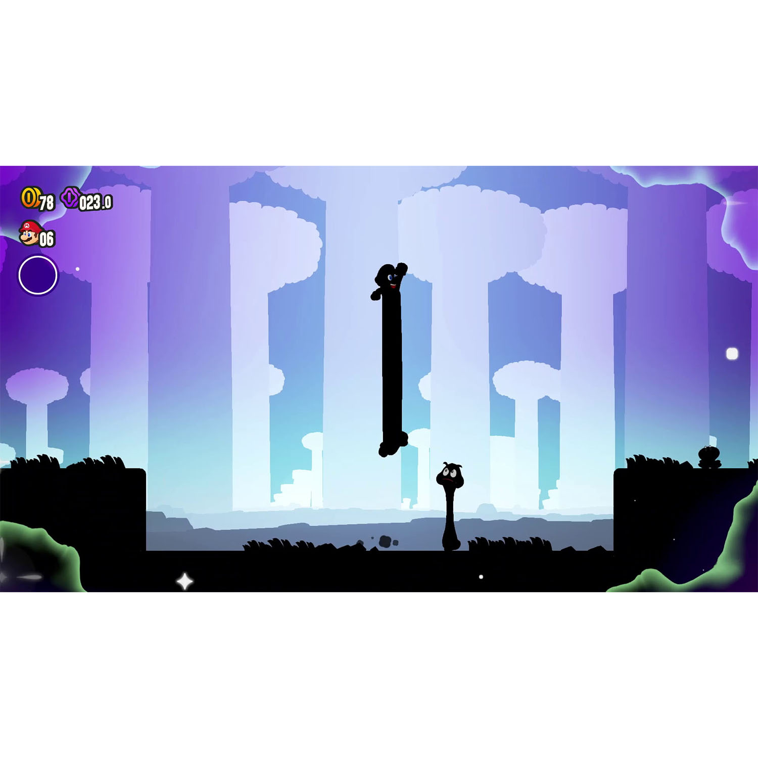 Una scena di gioco silhouette con due figure su un cielo viola e nuvole bianche.