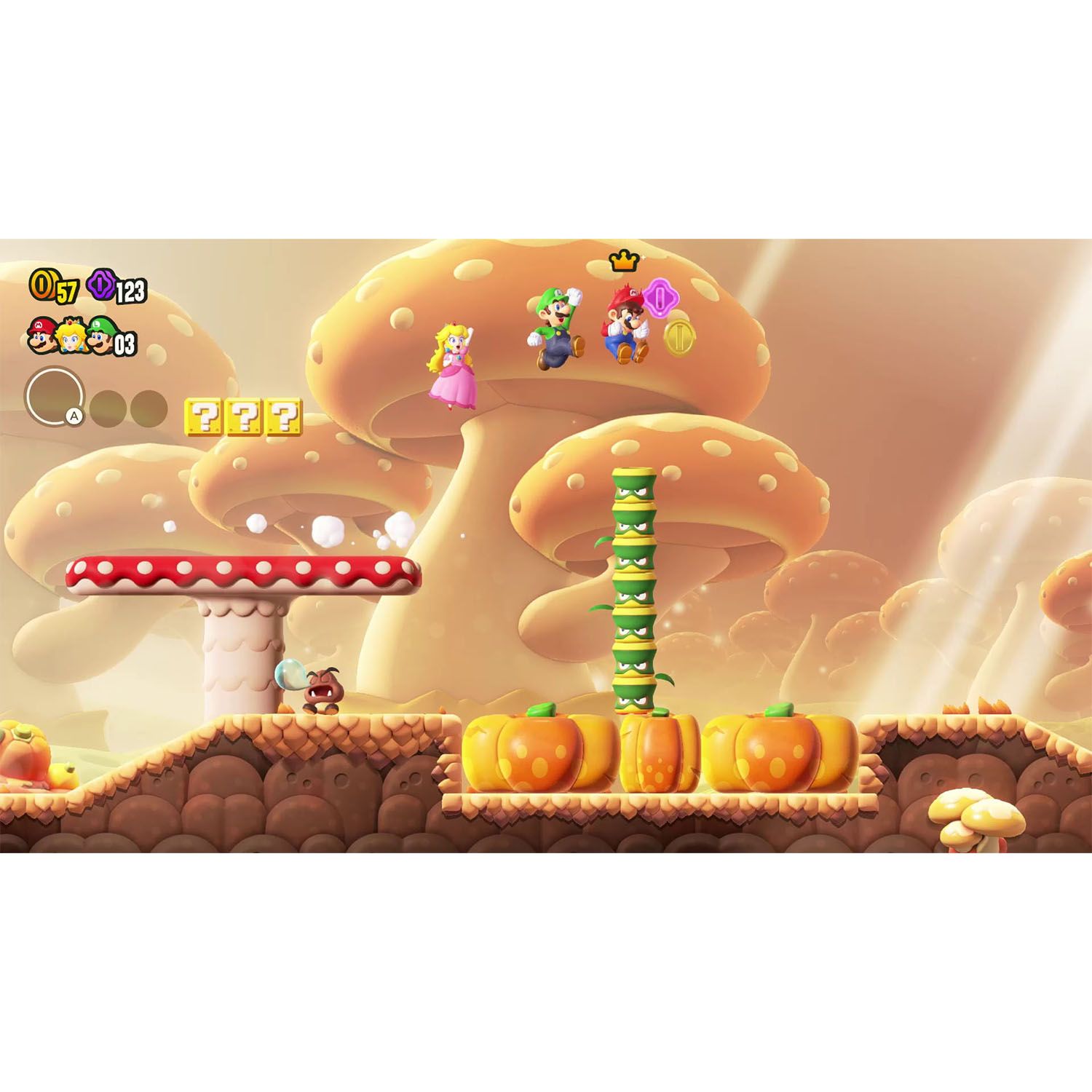 Uno schermo di gioco con Mario, Peach, Luigi e altri su una piattaforma piena di funghi.