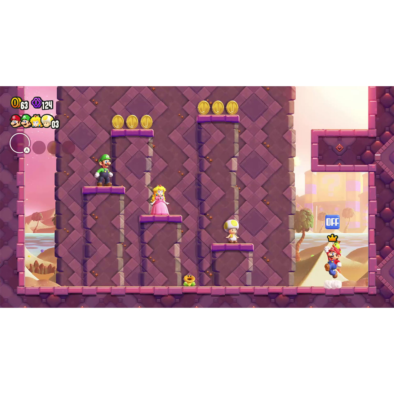 Uno schermo di un videogioco con personaggi in un mondo pixelato, monete e un punteggio.