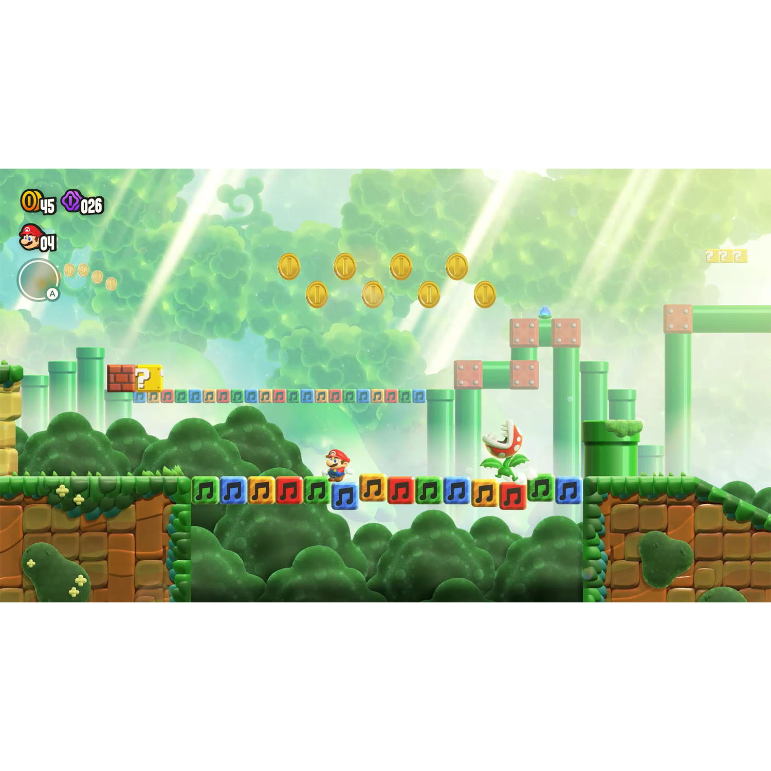 Mario salta su un percorso colorato di note musicali in una scena di gioco nella foresta.