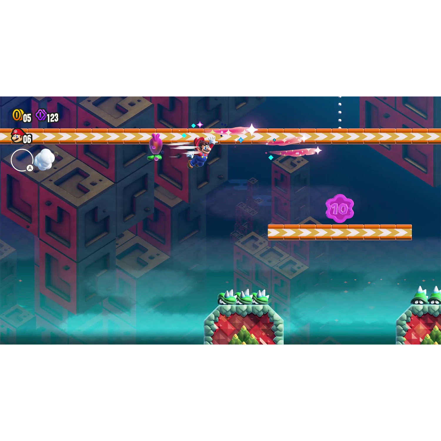 Una scena di videogioco colorata con un personaggio che corre attraverso un livello vibrante e astratto.