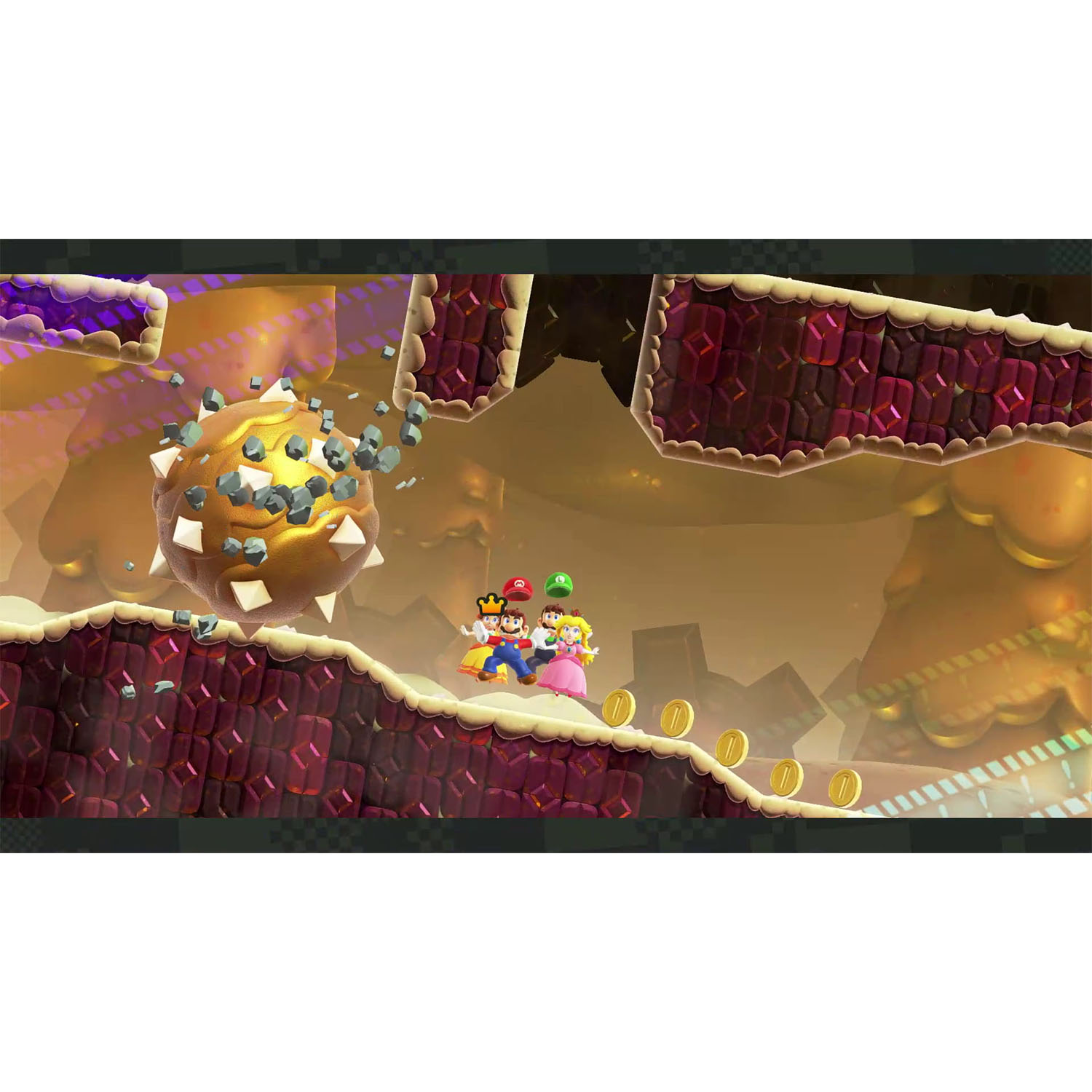 Mario, Luigi e Peach in una scena di videogioco con monete d'oro.