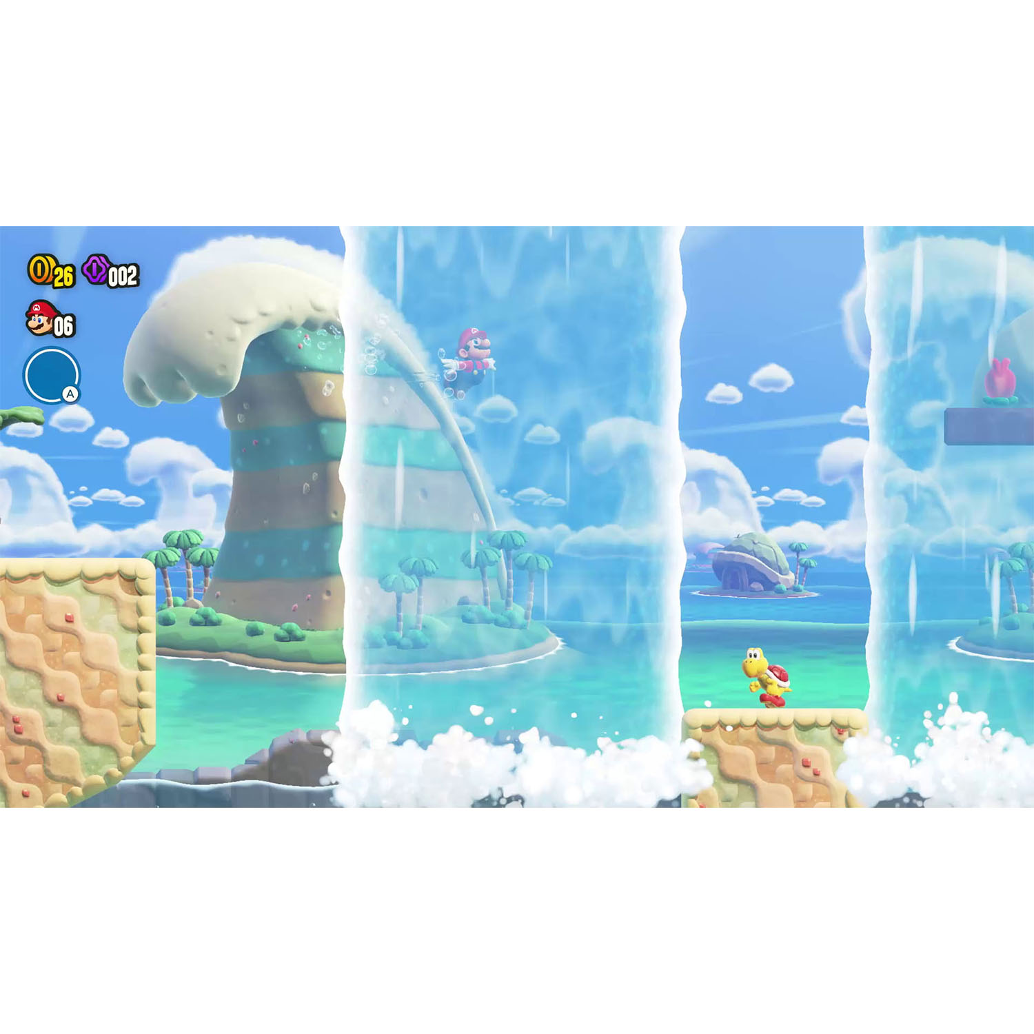Scena videogioco con personaggio che corre attraverso una cascata. Ambiente colorato, cielo blu brillante.