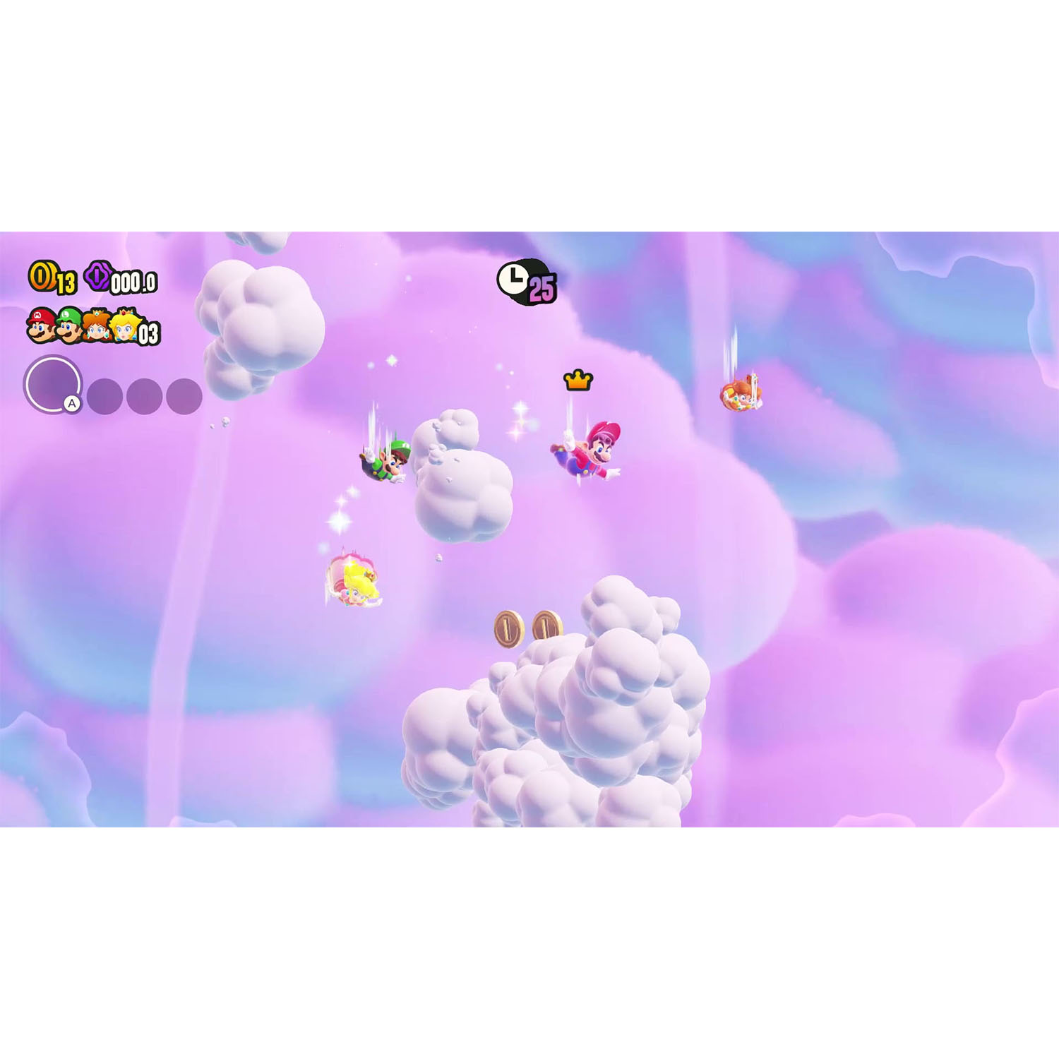 Scena di un videogioco con personaggi che fluttuano in un cielo viola con nuvole e monete.