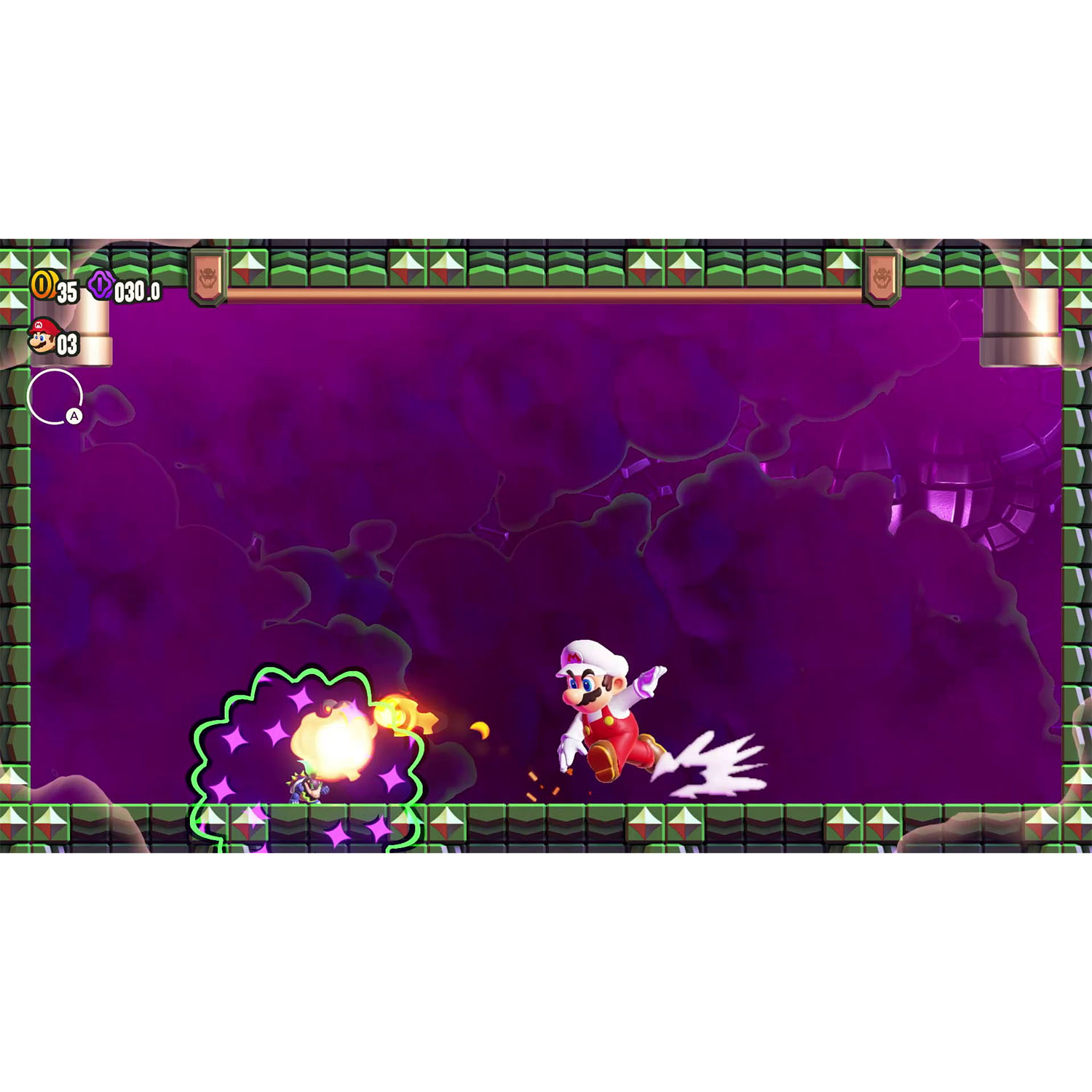Mario in un'area innevata che spara una palla di fuoco a un mostro in un videogioco.