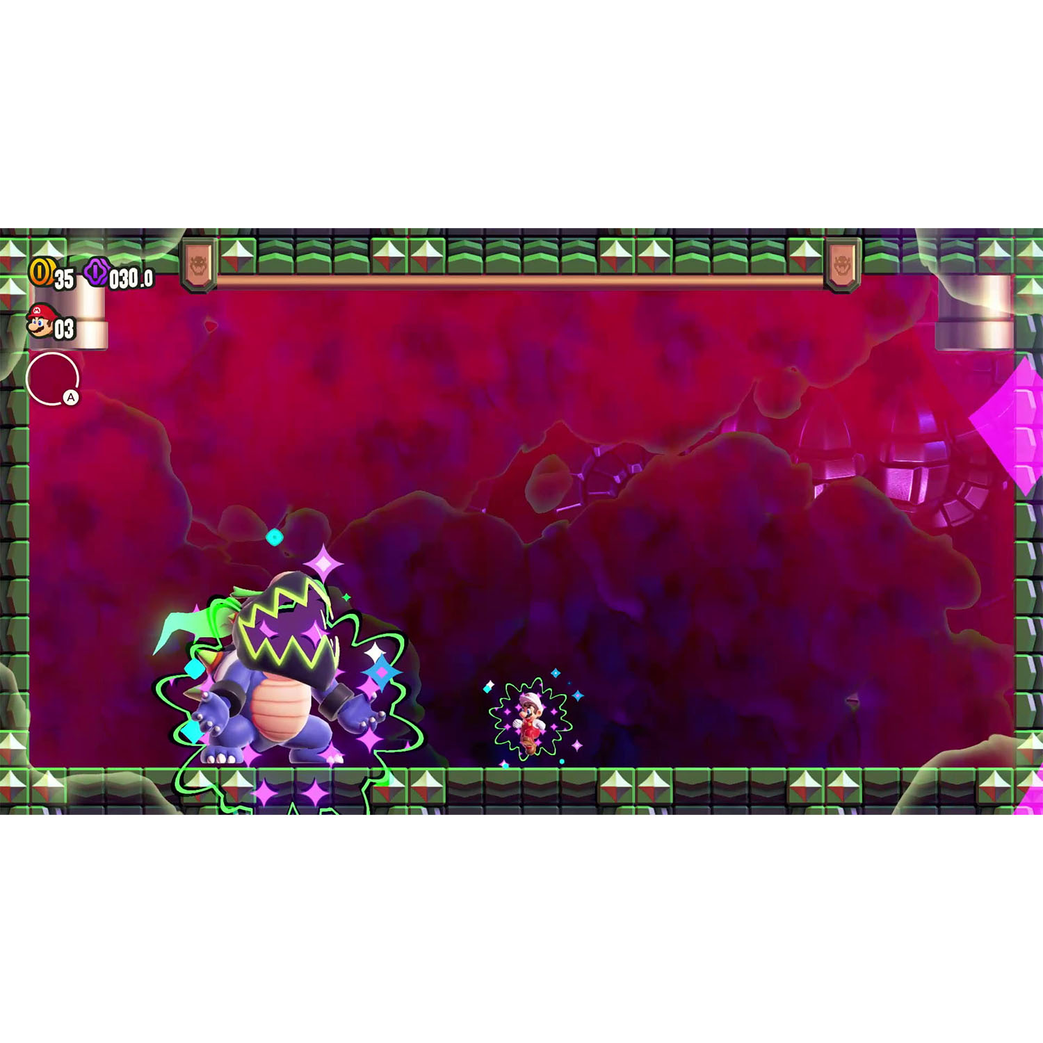 Una scena di videogioco con un personaggio che combatte contro un grande nemico in un ambiente colorato.