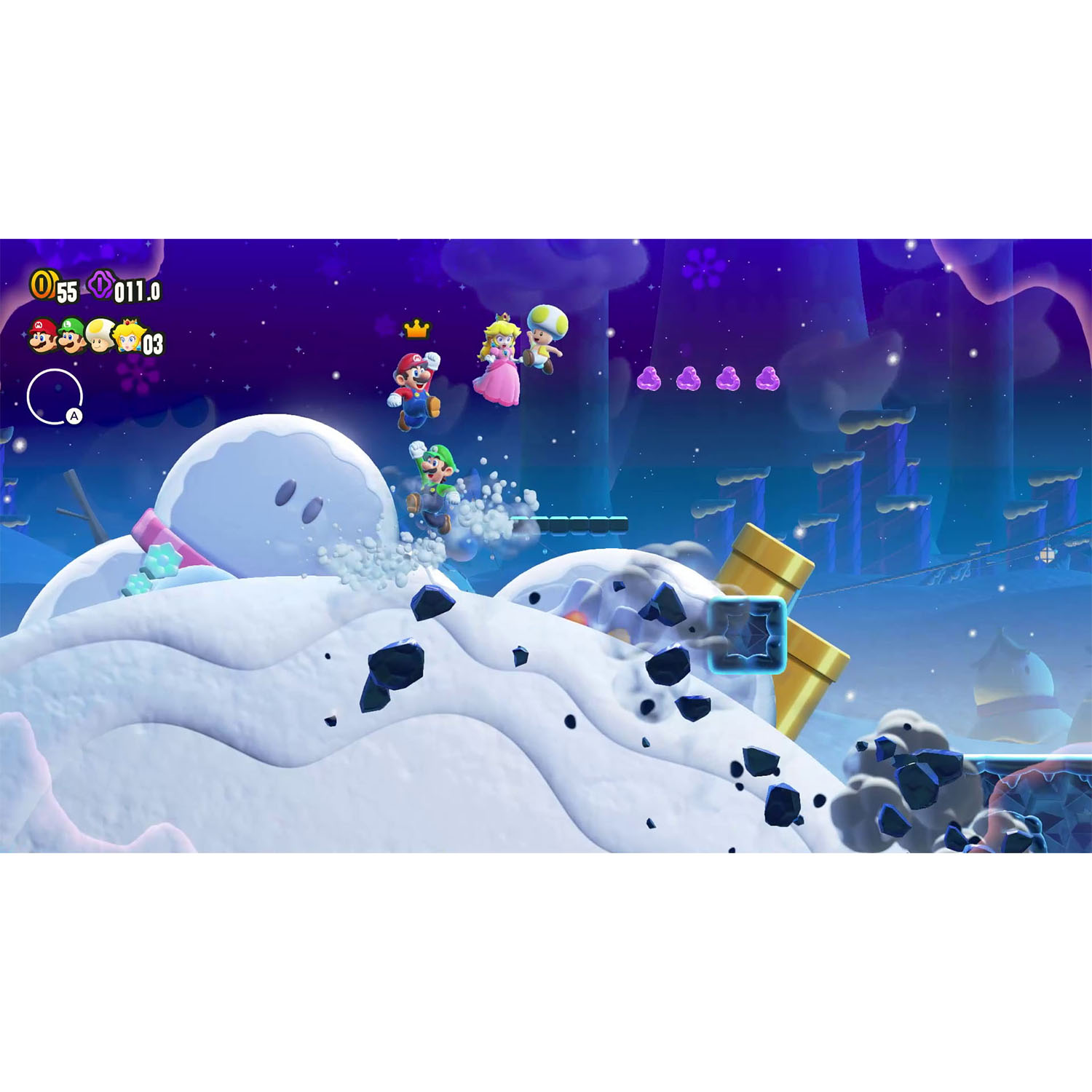 Scena di videogioco: Mario, Peach e Luigi su un paesaggio innevato.