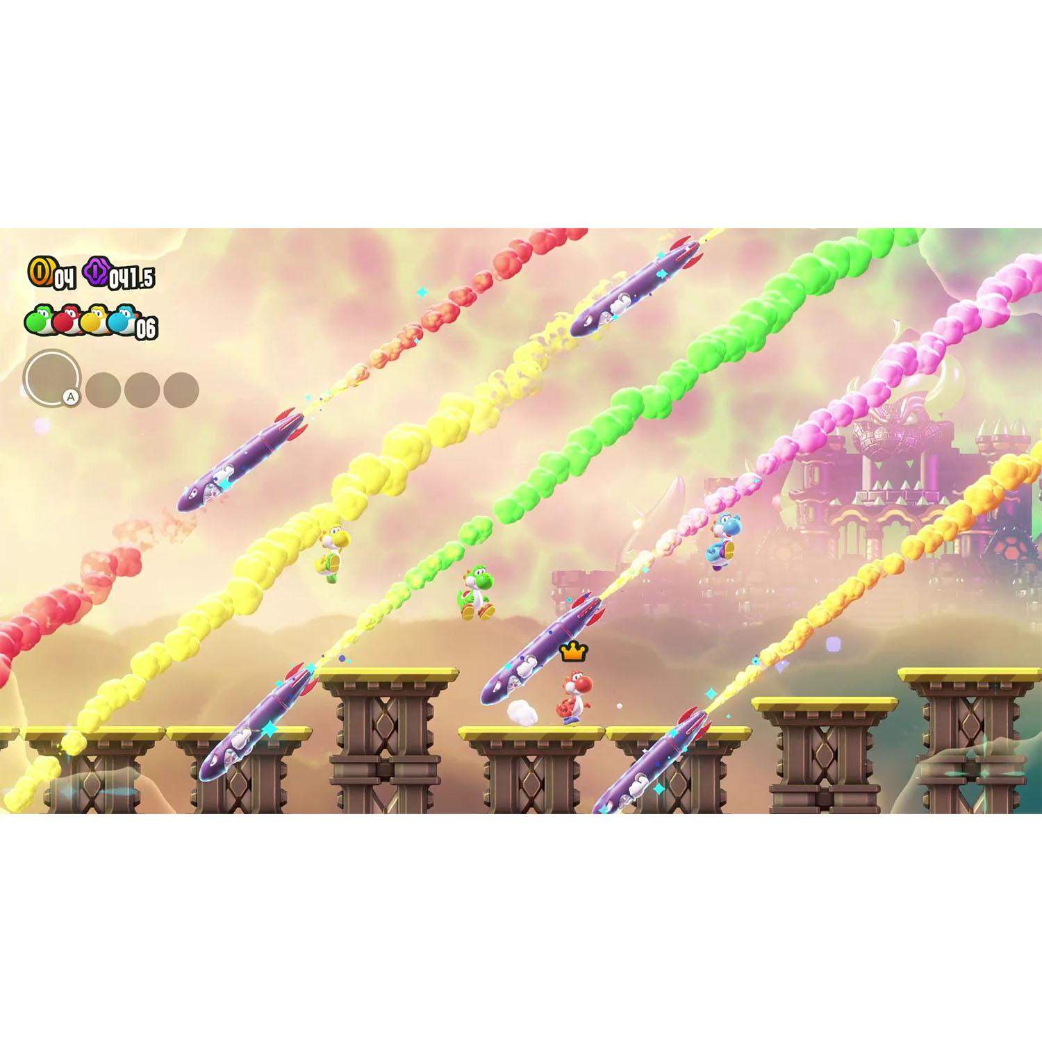 Una scena di videogioco con personaggi su piattaforme, che sparano proiettili colorati a un castello.