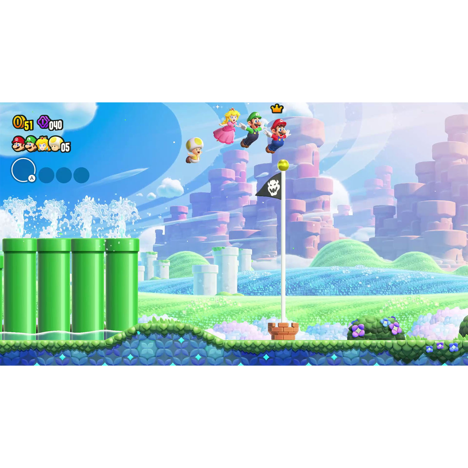 Personaggi di Mario che volano su un paesaggio colorato. Tubi verdi in primo piano.