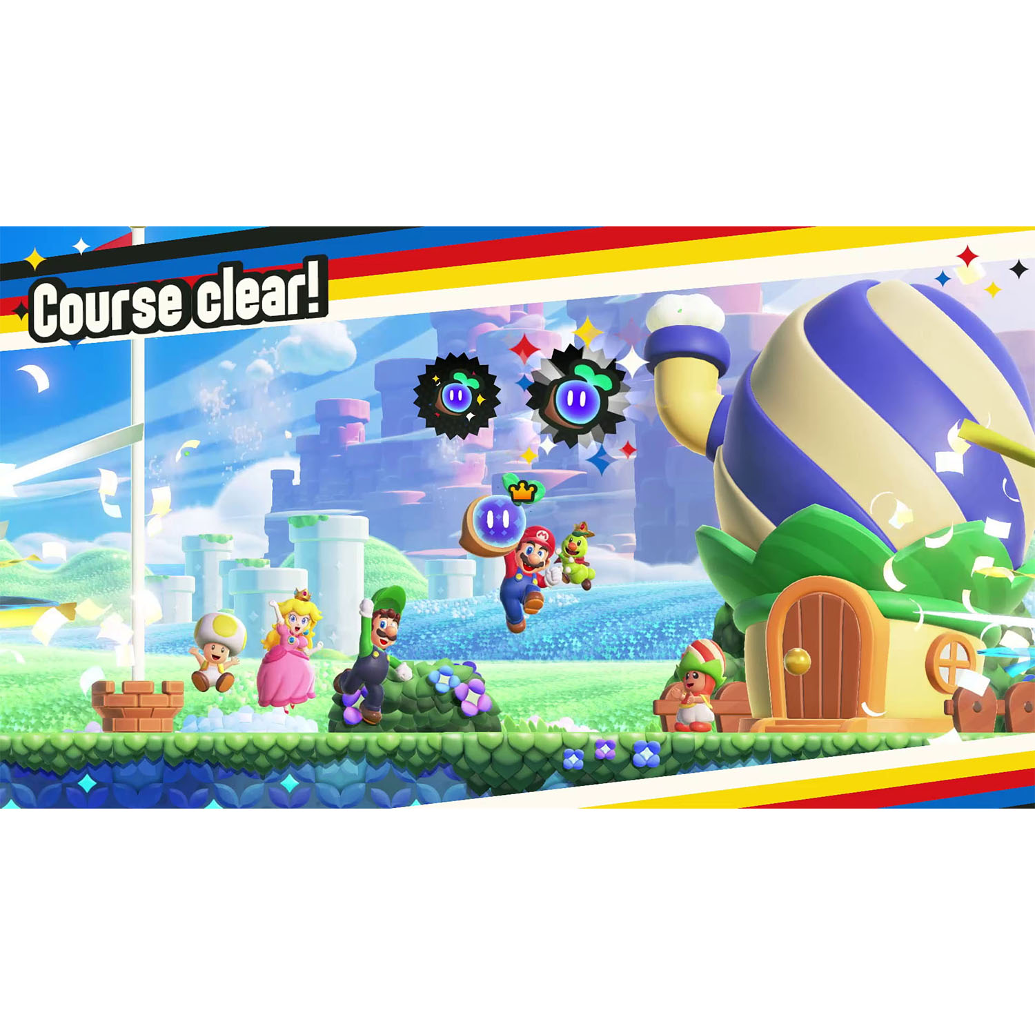 Mario e amici su palco colorato, con testo 'Course clear!'