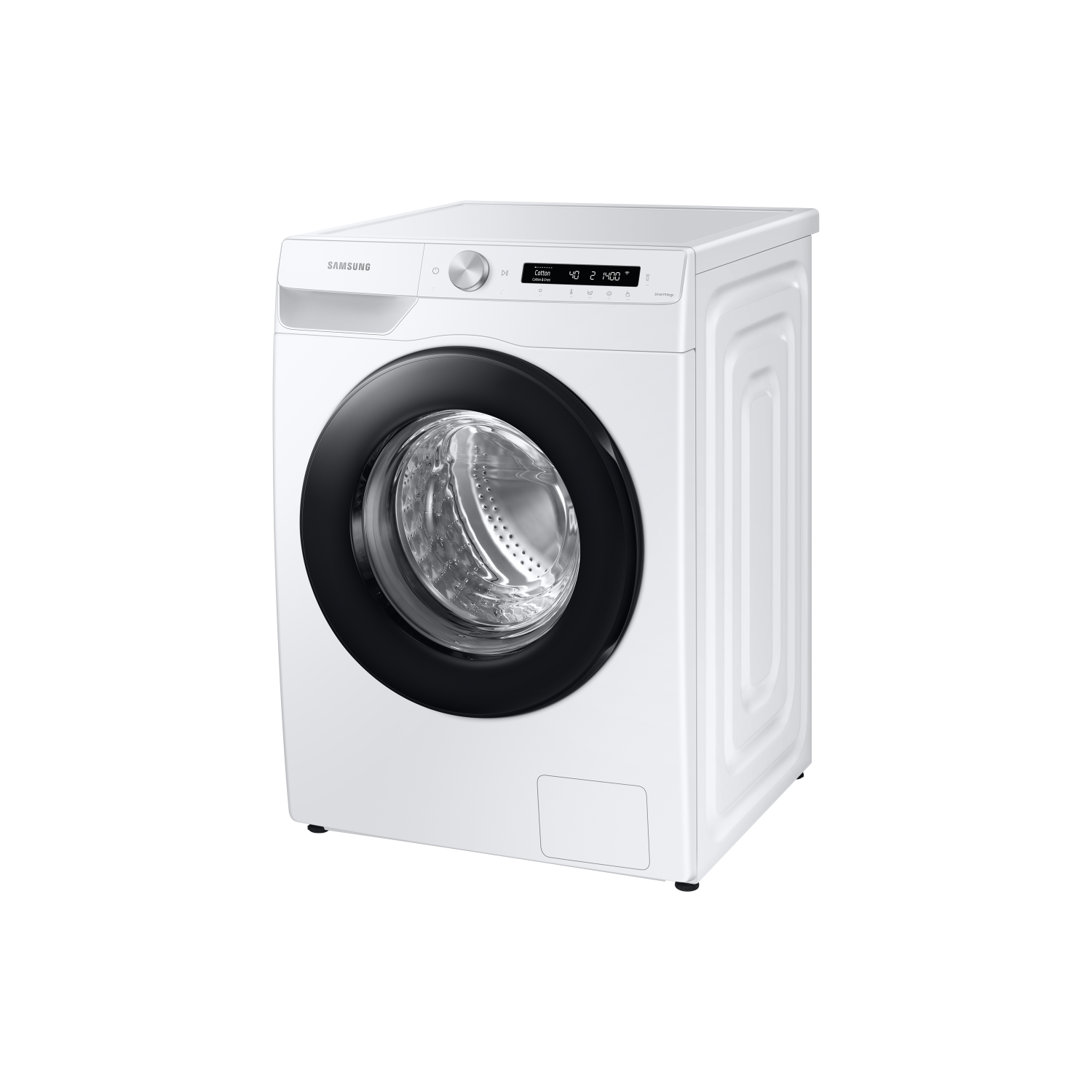 A white Samsung washing machine with a black door frame and digital display.