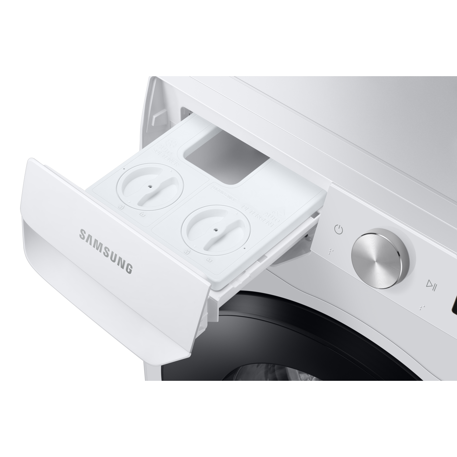White washing machine with detergent and softener dispenser drawer pulled out.