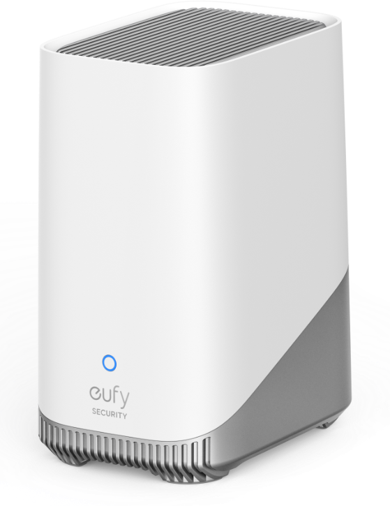 Wit eufy beveiligingsapparaat met een modern design, geplaatst tegen een witte achtergrond.