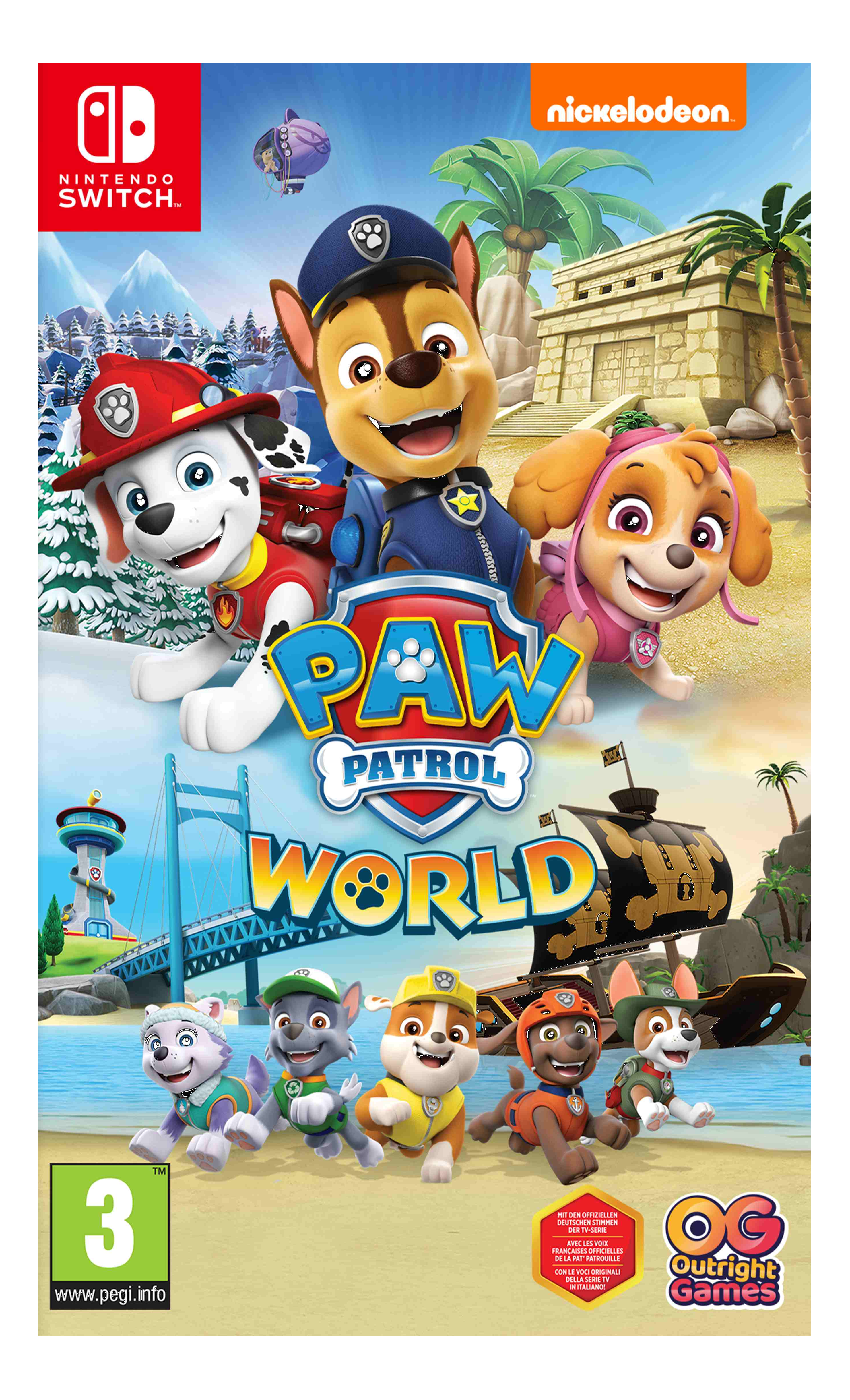 Paw Patrol World Spielbox-Art. Enthält Zeichentrickhunde, den Titel 'Paw Patrol World' und ein Nickelodeon-Logo.