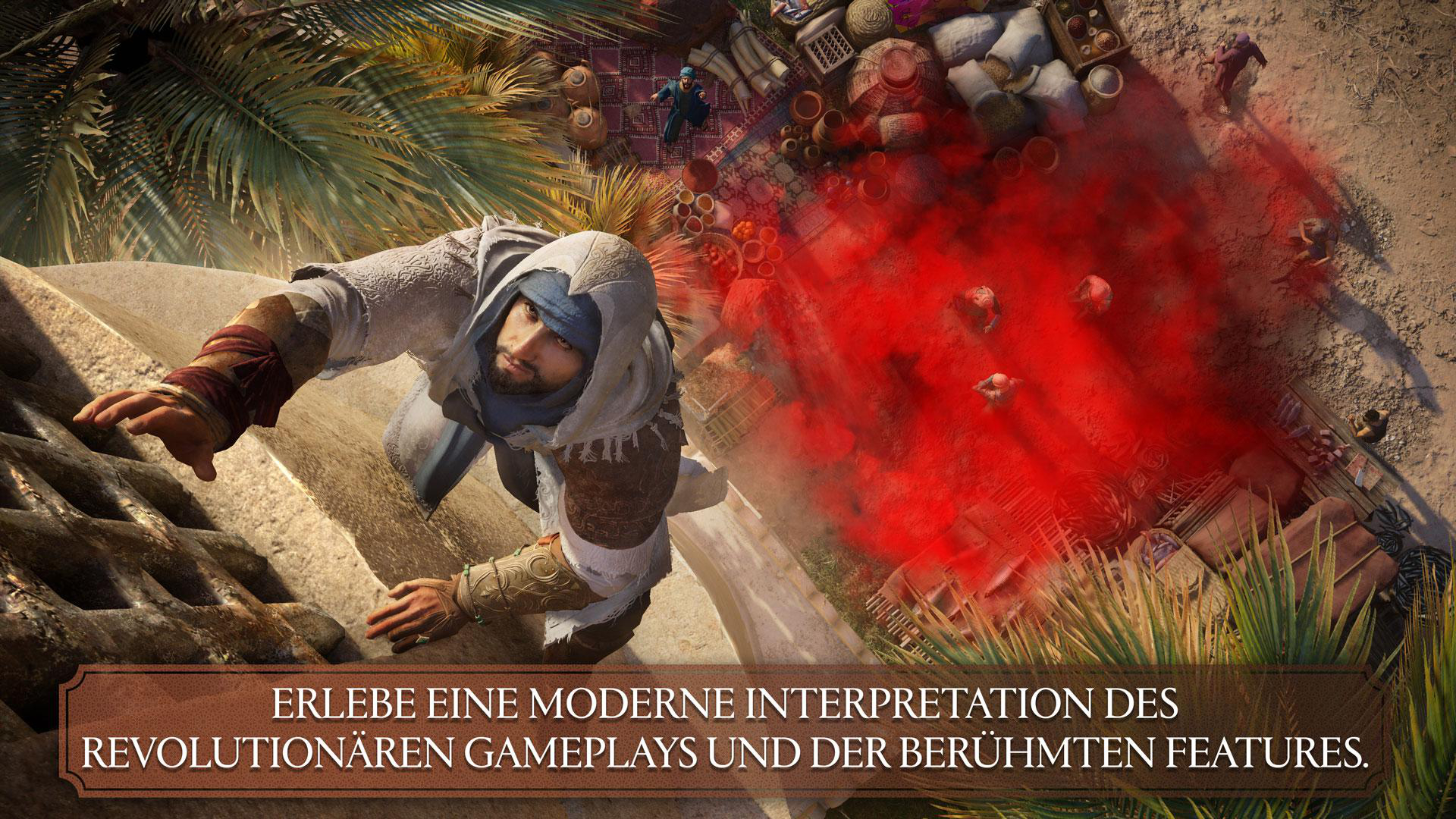 Ein Mann in einer Kapuzenrobe klettert eine Mauer. Roter Rauch und Wüstenlandschaft im Hintergrund.