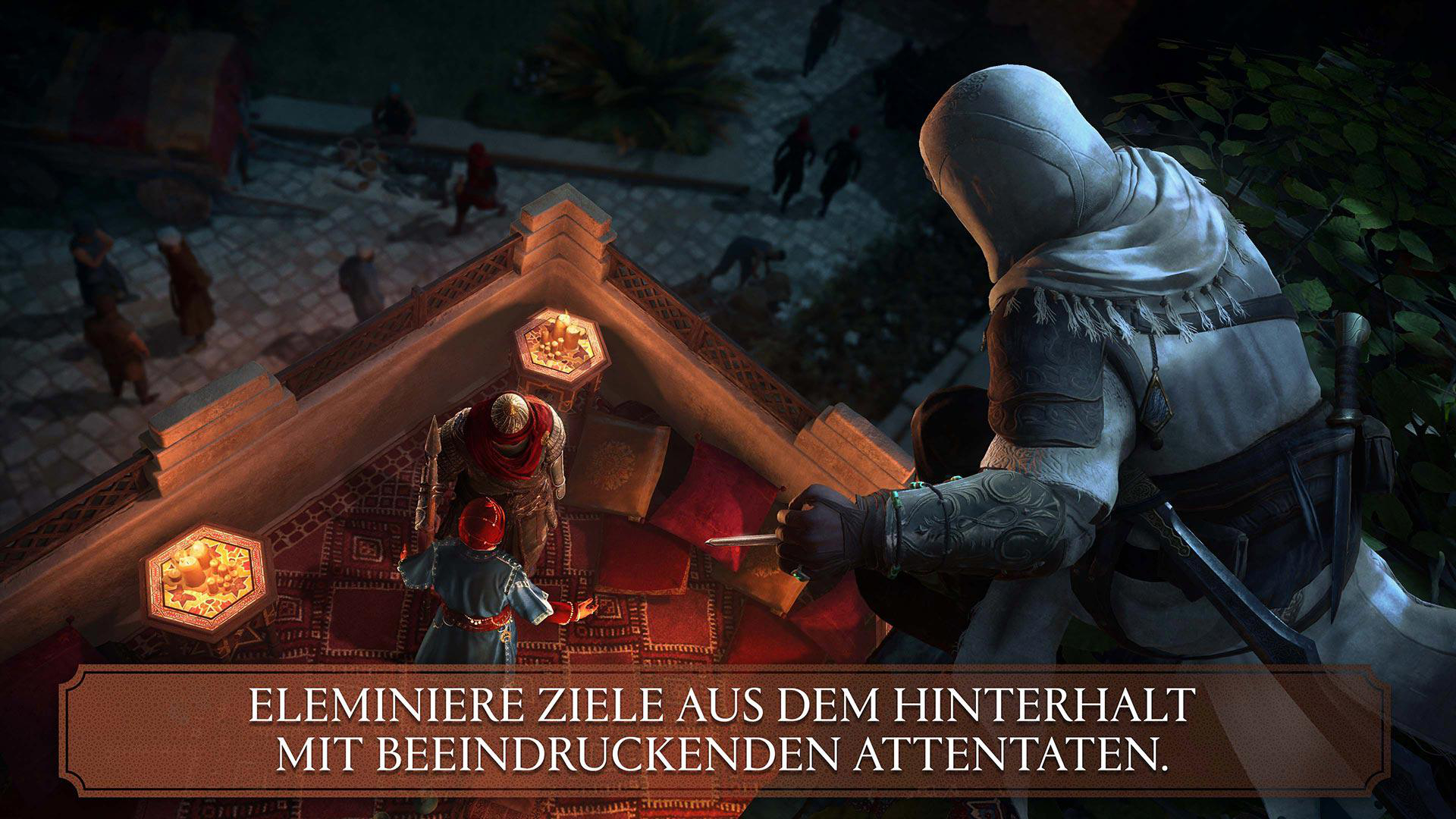 Assassin's Creed Spielszene. Attentäter auf einem Dach, blickt auf ein Ziel.