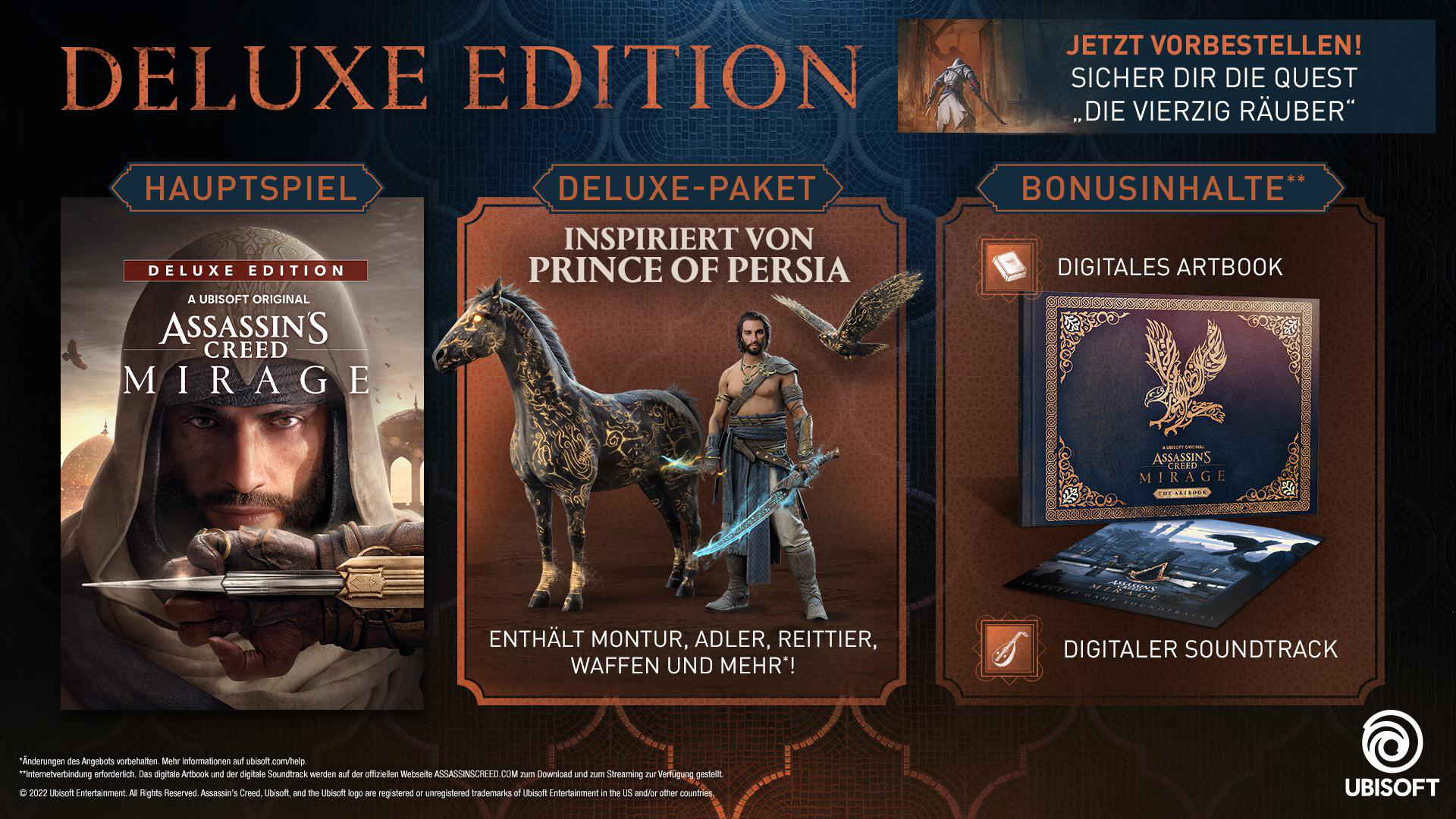 Eine Werbung für die Assassin's Creed Mirage Deluxe Edition mit Spielinhalten und Soundtrack.
