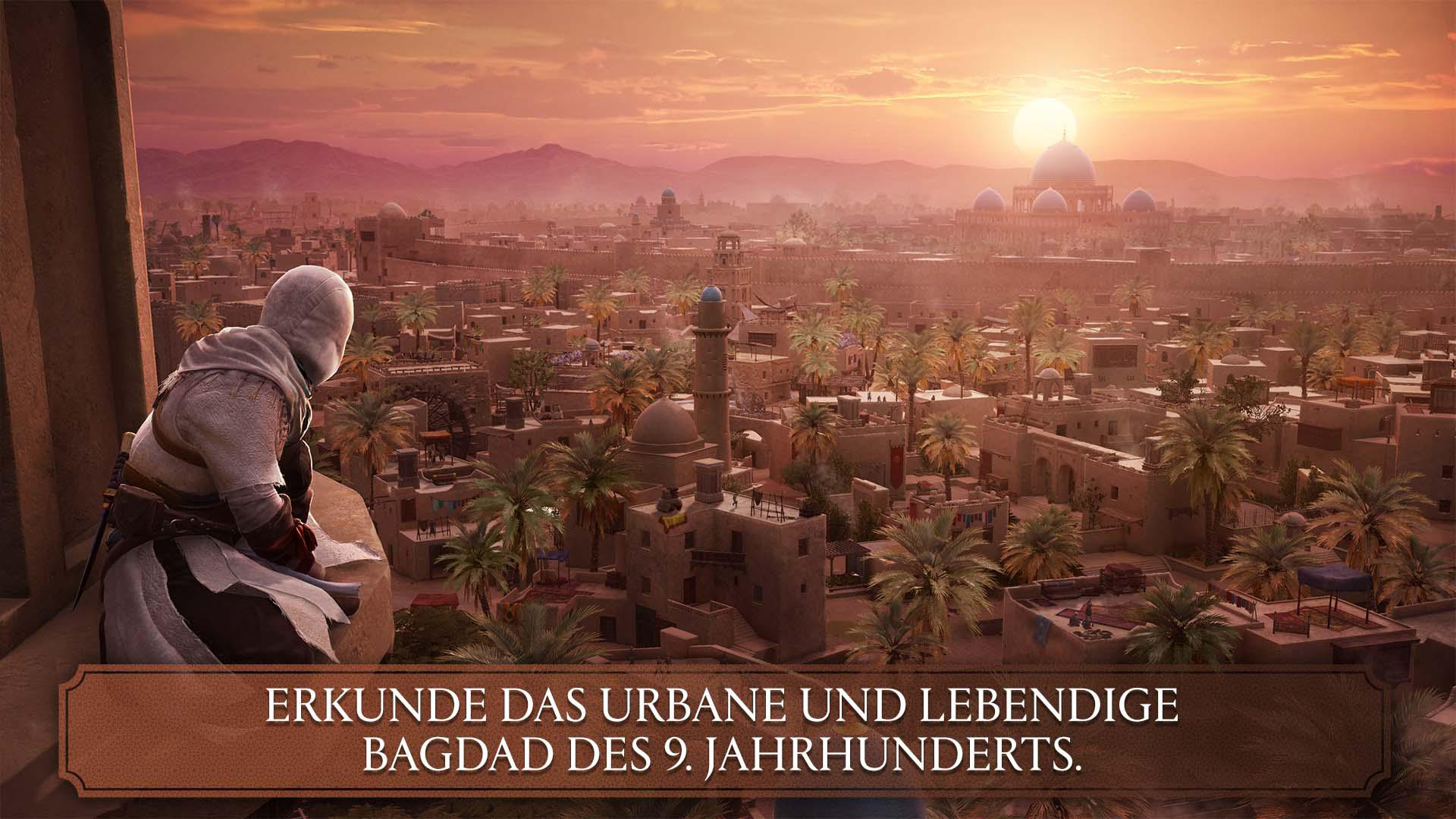 Ein Attentäter mit Kapuze blickt bei Sonnenuntergang über die Stadt Bagdad.