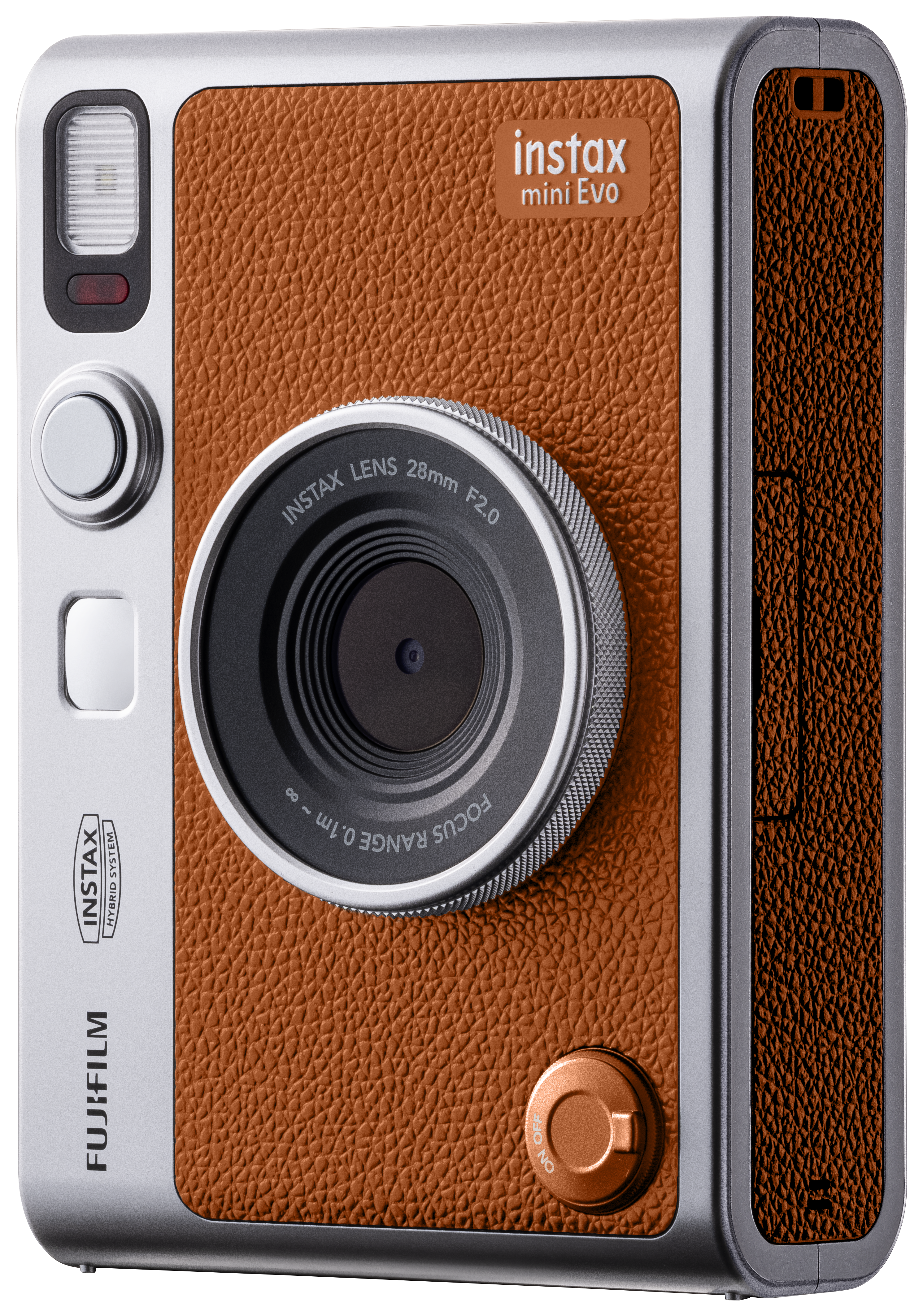 Braune und silberne Instax Mini Evo Kamera. Ein Fokusring und Objektiv sind sichtbar.