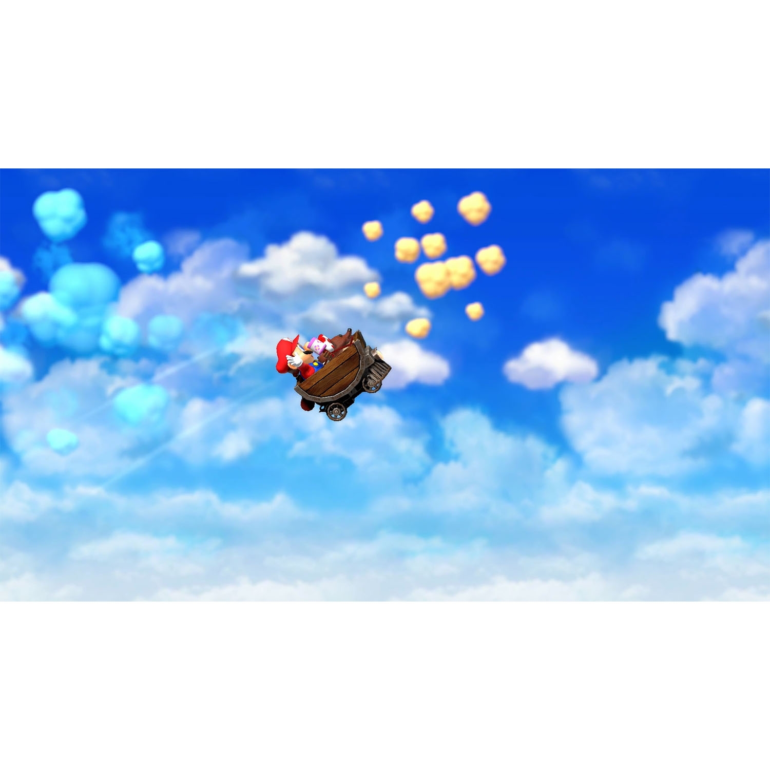 Mario e Peach su un carrello di legno che fluttua nel cielo, circondati da nuvole.