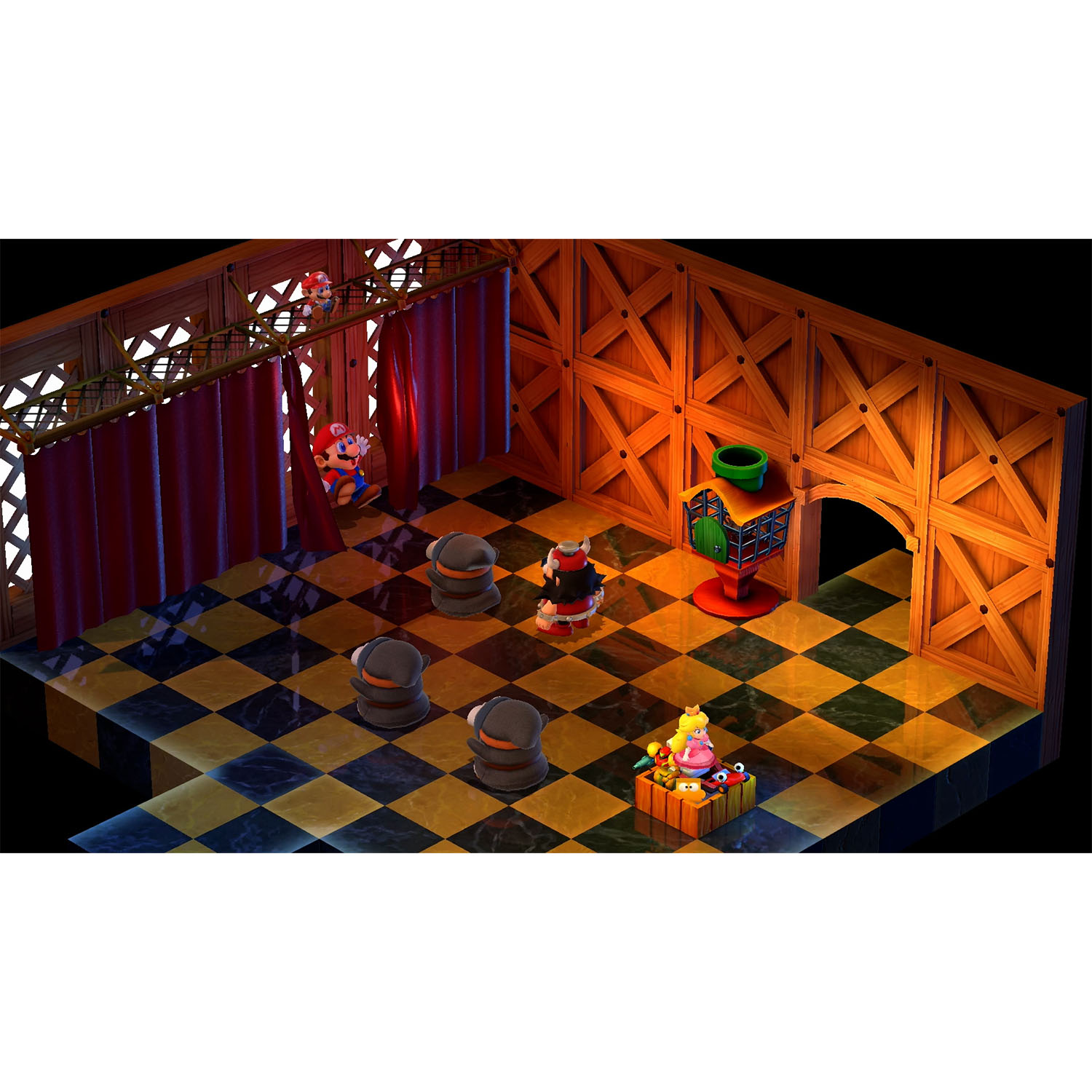 Scena di gioco con personaggi di Mario. In una stanza con pavimento a scacchiera e tende rosse.