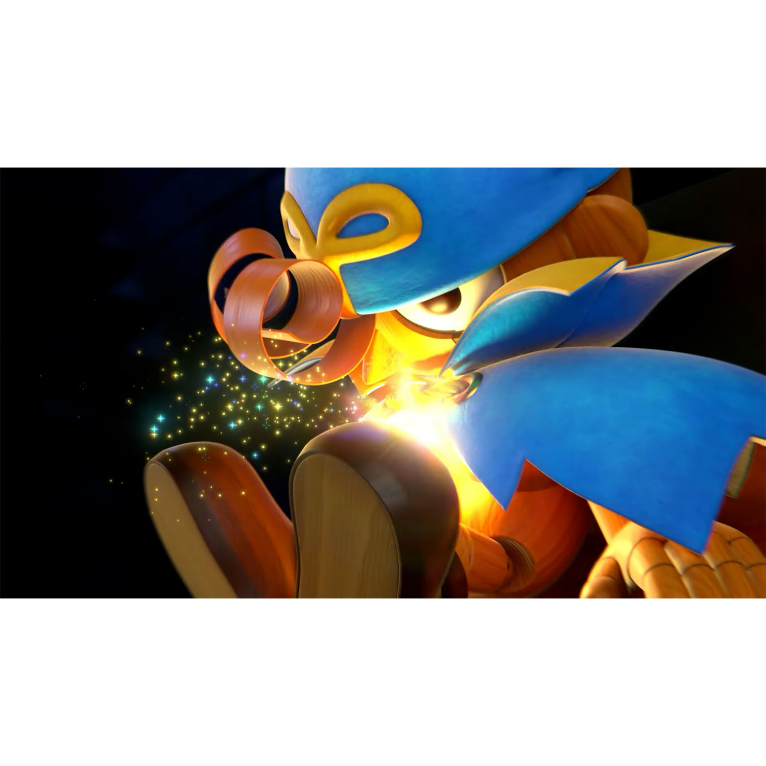 Un personaggio di supereroe con un costume blu e arancione con una luce scintillante.