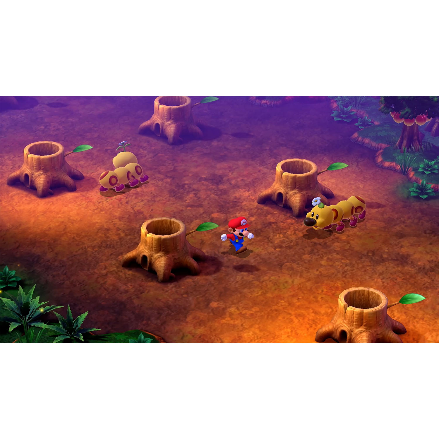 Mario in una scena della foresta. Ci sono alberi e creature simili a vermi. Colori viola, verdi e marroni.
