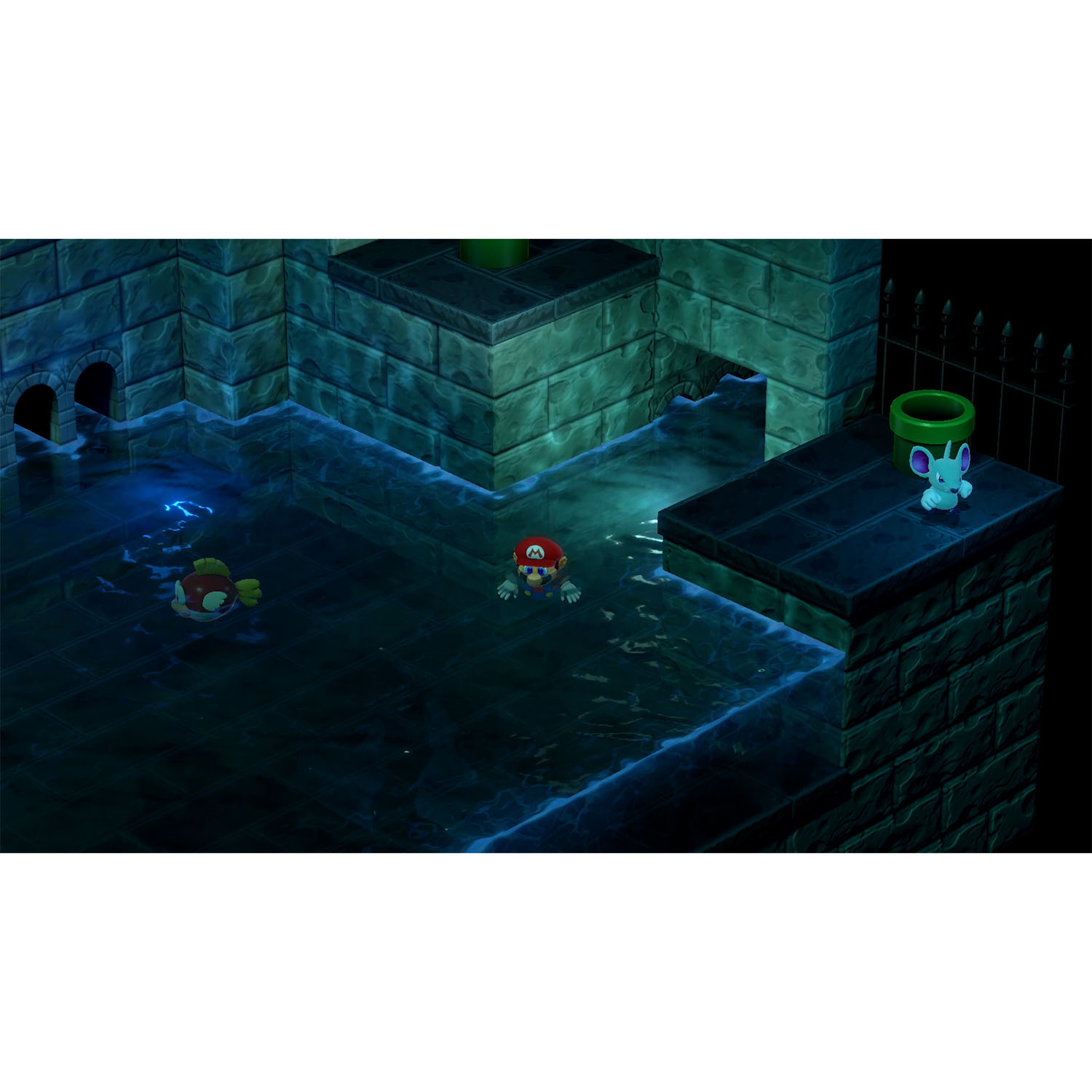 Mario in un dungeon buio con acqua, con un pesce e una creatura simile a un topo.