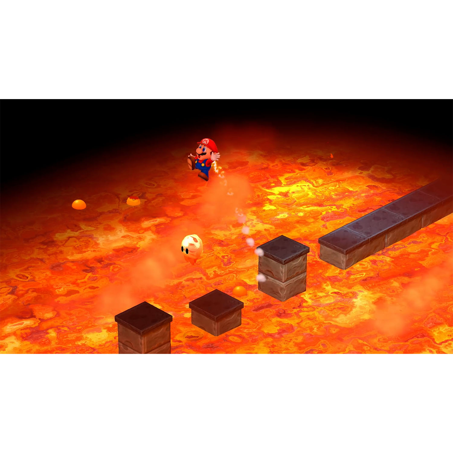 Mario che corre attraverso un livello pieno di lava con piattaforme fluttuanti e nemici.
