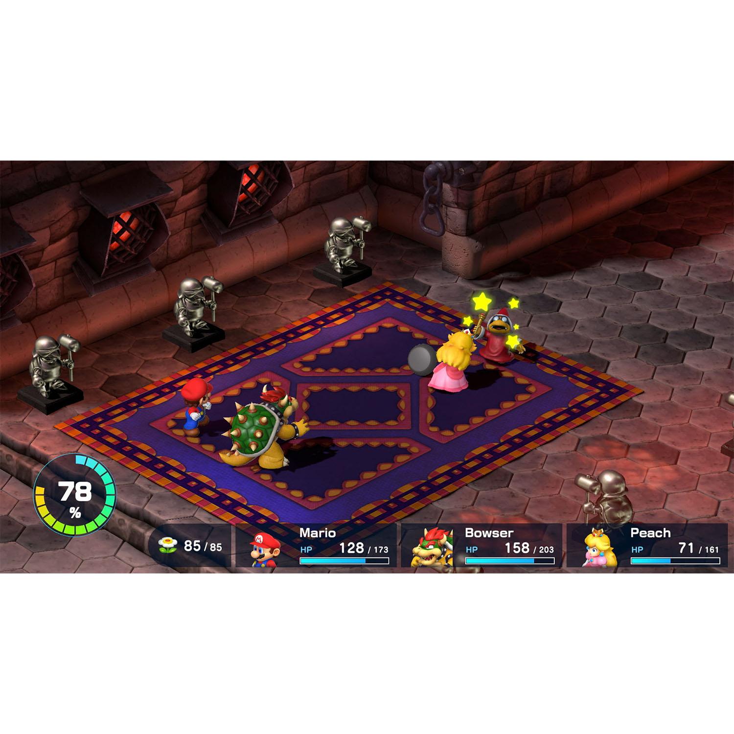 Una scena di videogioco con Mario, Bowser, Peach e altri personaggi su un tappeto fantasia.