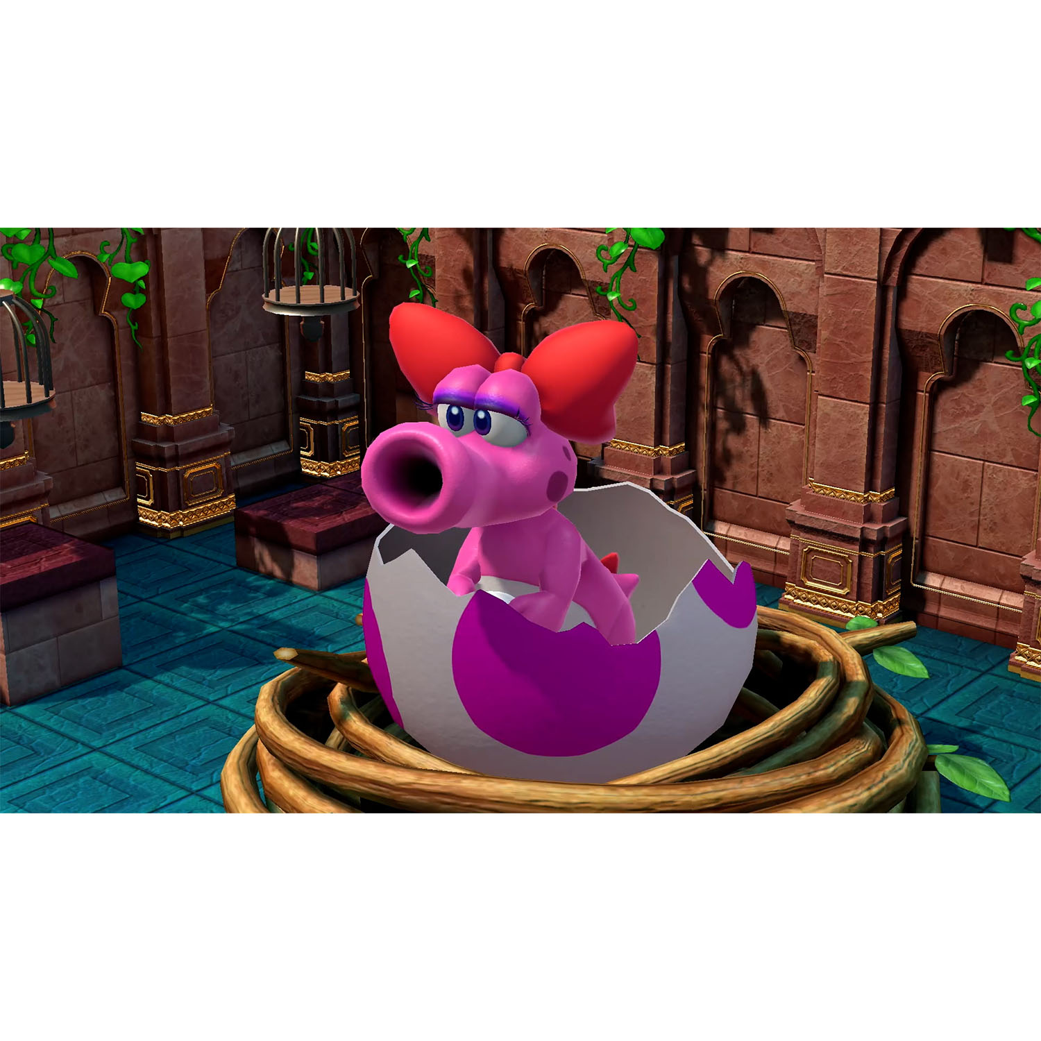 Personaggio Birdo rosa in un uovo, con un fiocco rosso, in una stanza colorata.