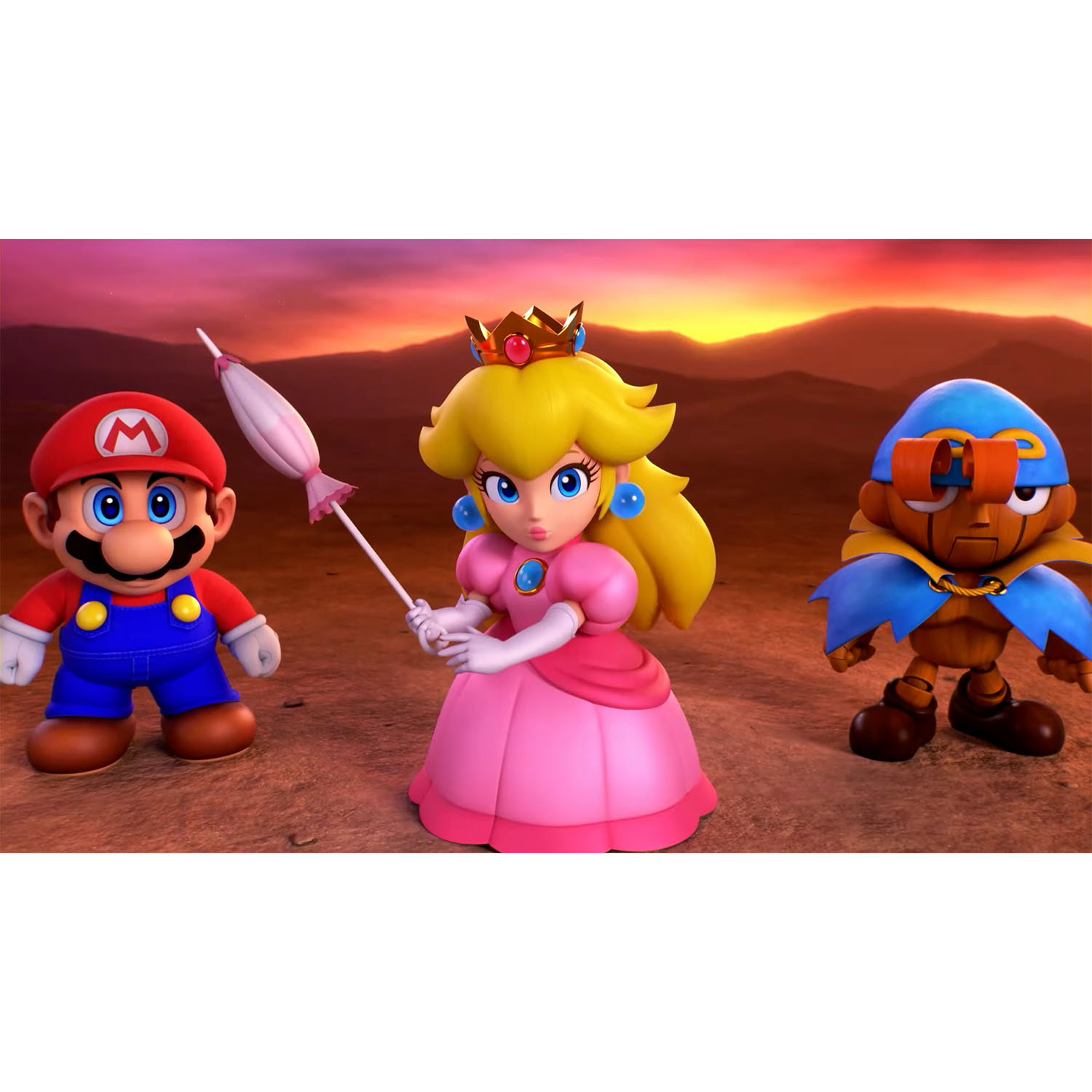 Personaggi di Mario, Principessa Peach e Pinocchio in un ambiente desertico.