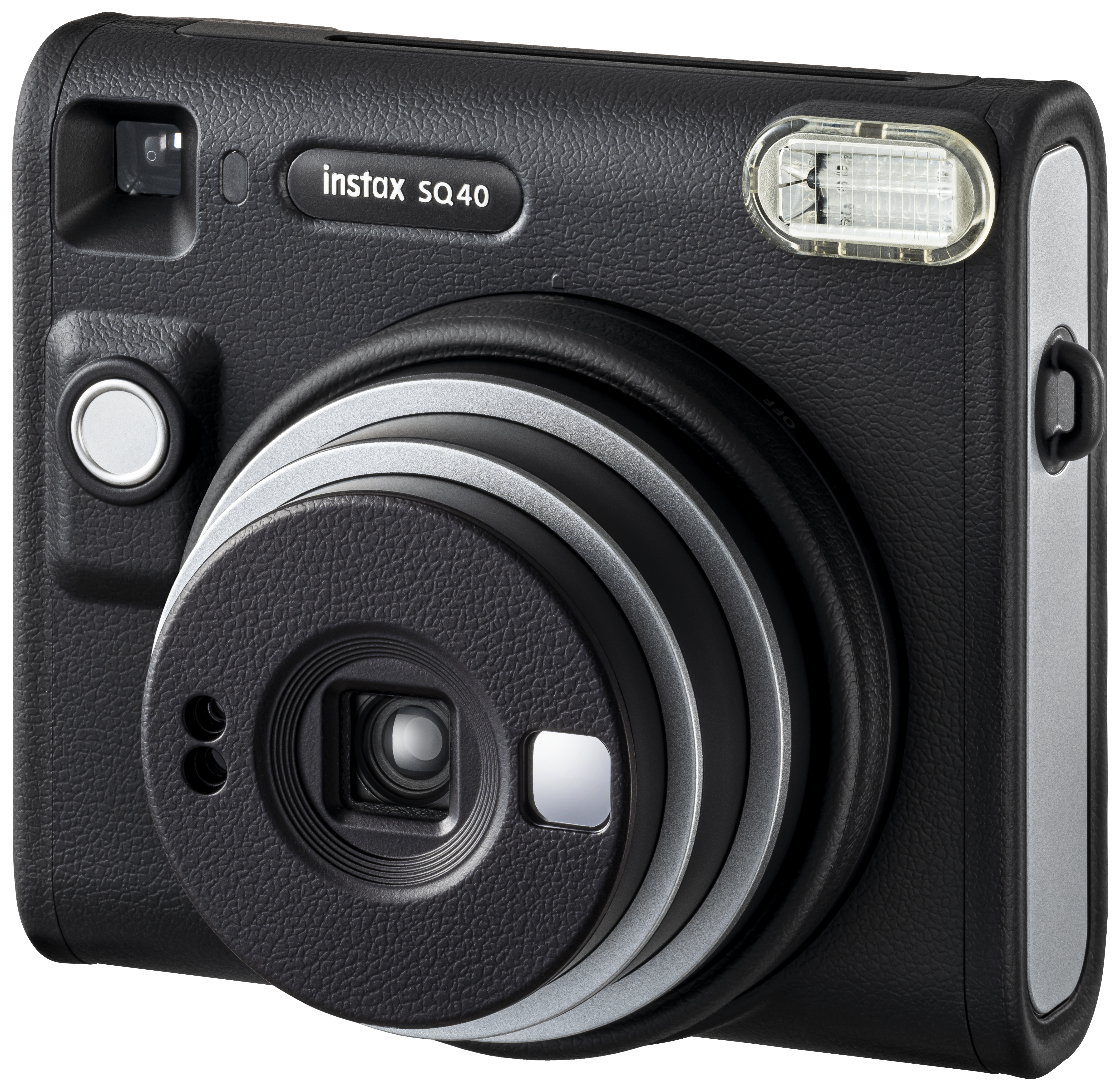 Schwarze Instax SQ40 Kamera mit silbernem Ring um das Objektiv und Blitz.