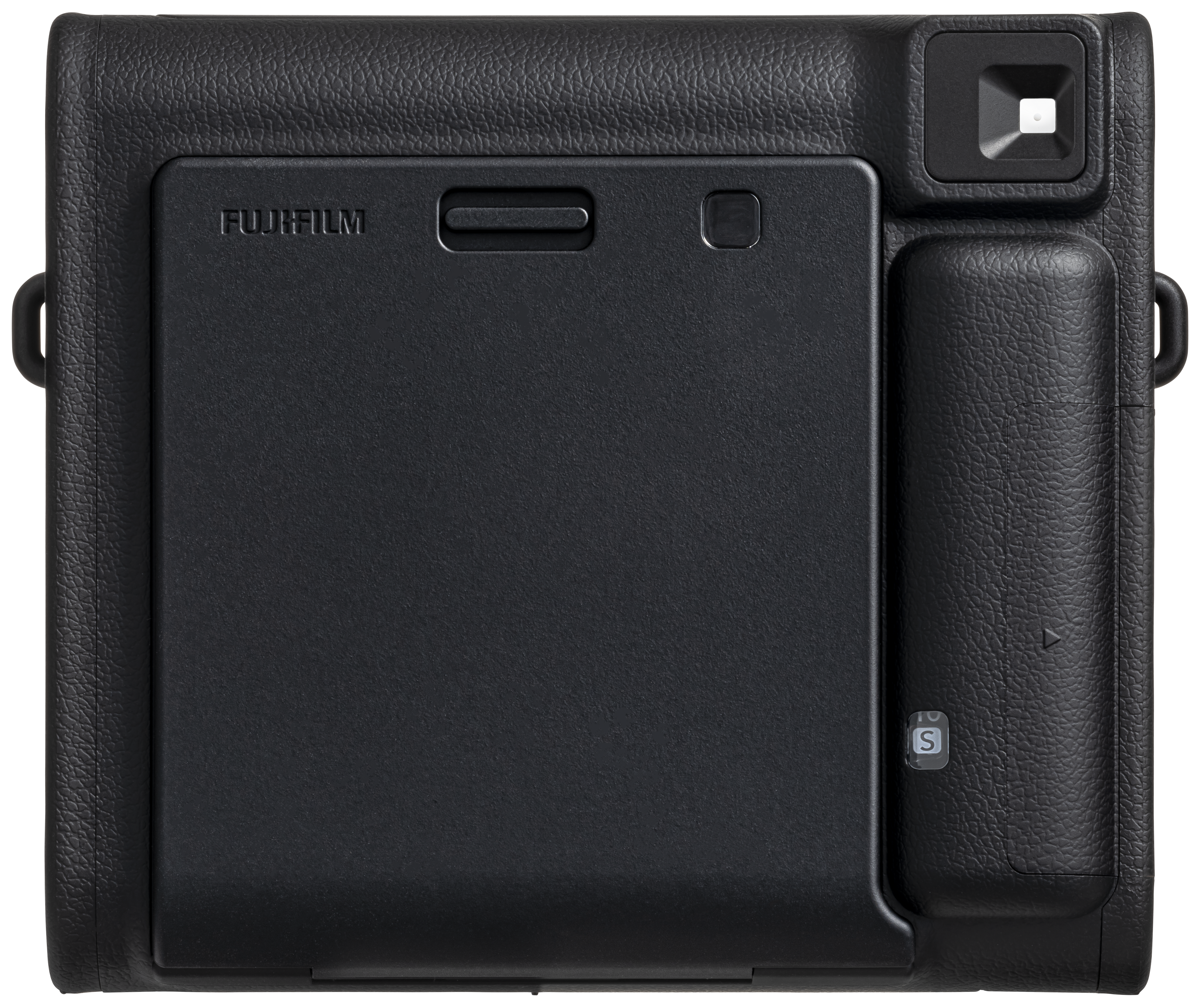 Schwarze Fujifilm-Kamera, Rückseite, mit Fujifilm-Logo und Steuertasten.