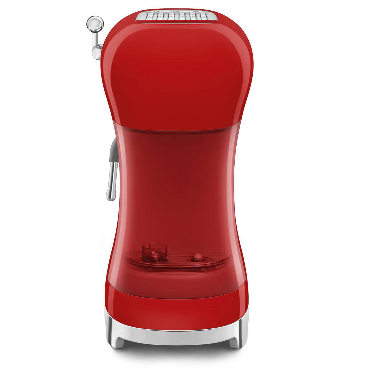 Eine rote Espressomaschine mit glänzendem Finish, von hinten gesehen, mit transparentem Wasserbehälter.