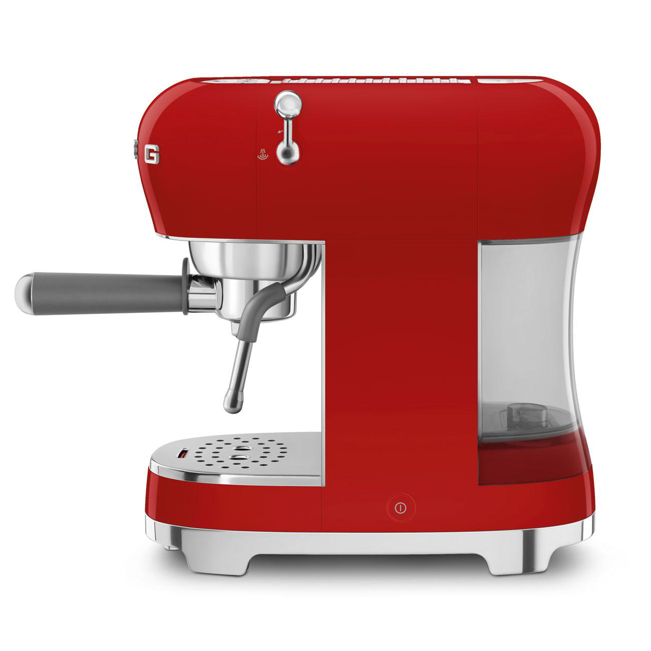 Eine rote Espressomaschine mit einem silbernen Siebträger und einem transparenten Wassertank.
