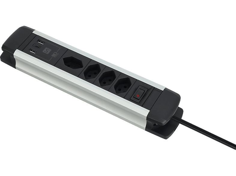 SCHOENENBERGER Power Strip 4xT13 + 1xUSB-C/2xUSB-A - Steckdosenleiste (Silber/Schwarz)