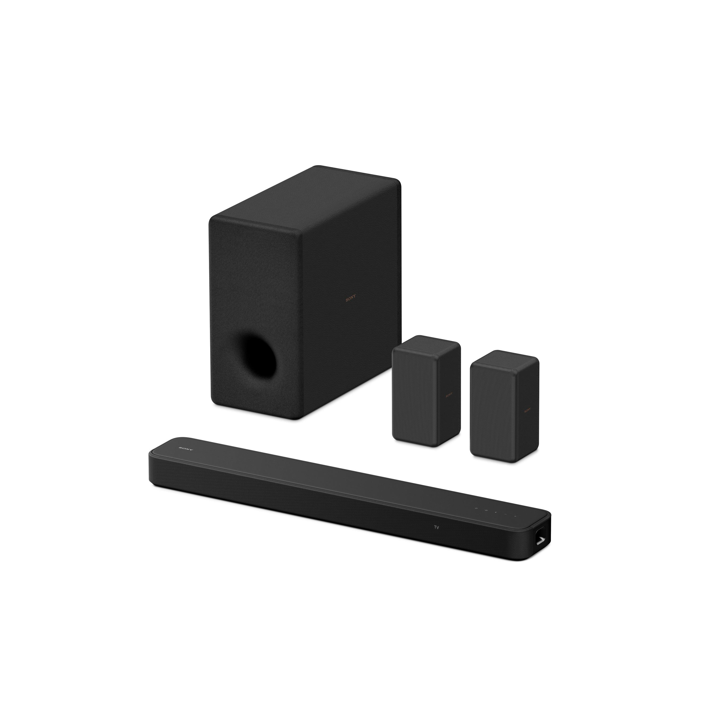 Ein schwarzes Soundsystem mit Subwoofer, Soundbar und zwei Lautsprechern.