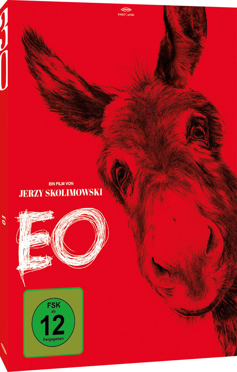 DVD-Cover für 'EO'. Ein Eselface auf rotem Hintergrund. Grüne Altersfreigabe.