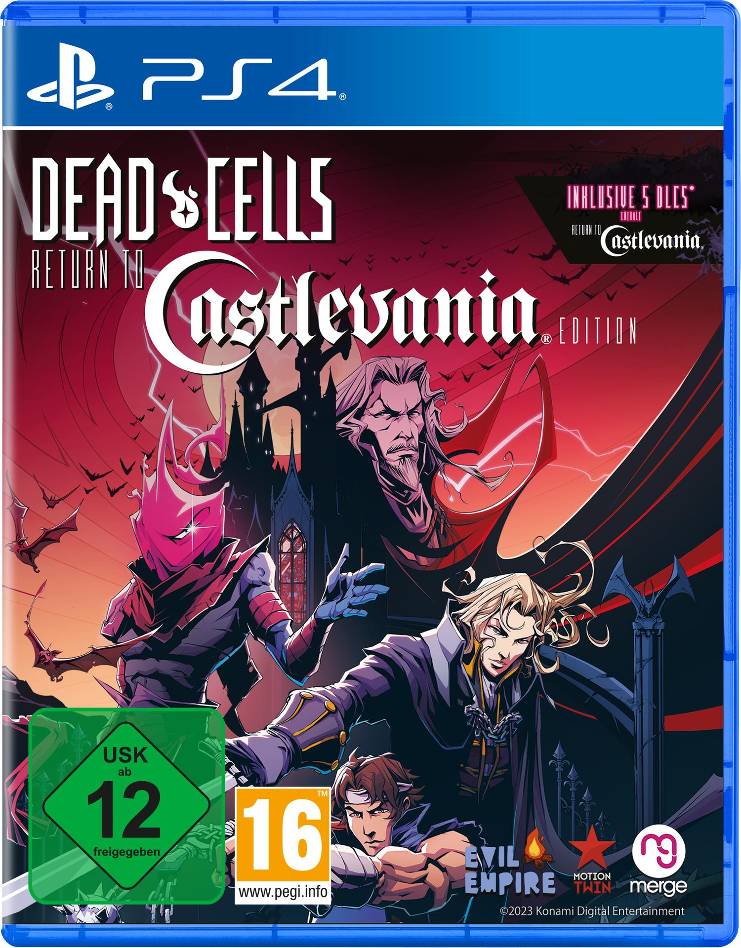 Dead Cells: Return to Castlevania PS4-Spielcover, dunkler Kunststil, Charaktere und Logo.
