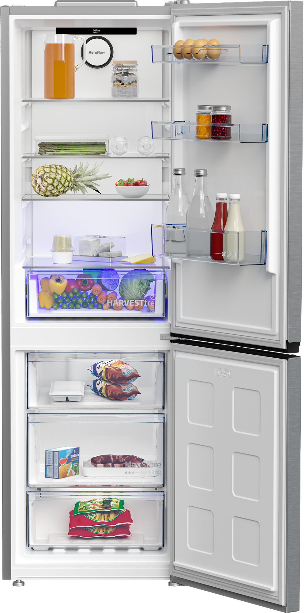 Ein Kühlschrank mit geöffneten Türen, der Regale, Produkte und Gefrierschubladen mit Lebensmitteln zeigt.