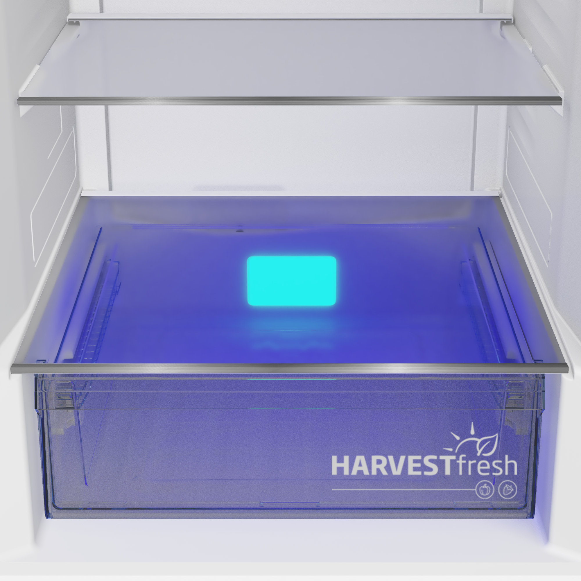 Kühlschublade mit blauem Licht und Text "HARVESTfresh". Regale sind über der Schublade sichtbar.