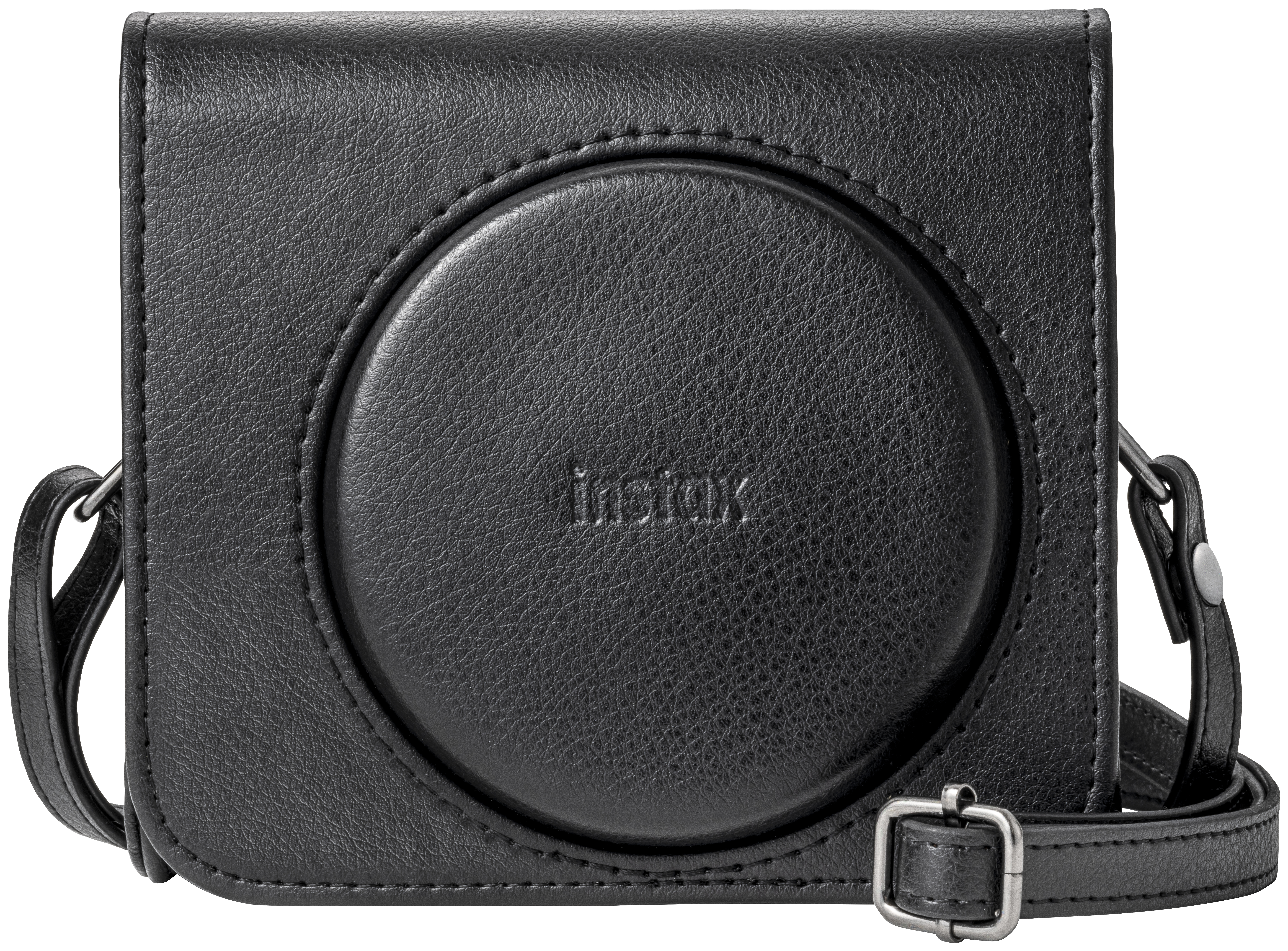 Eine schwarze Instax-Kameratasche mit Schultergurt, auf weißem Hintergrund.