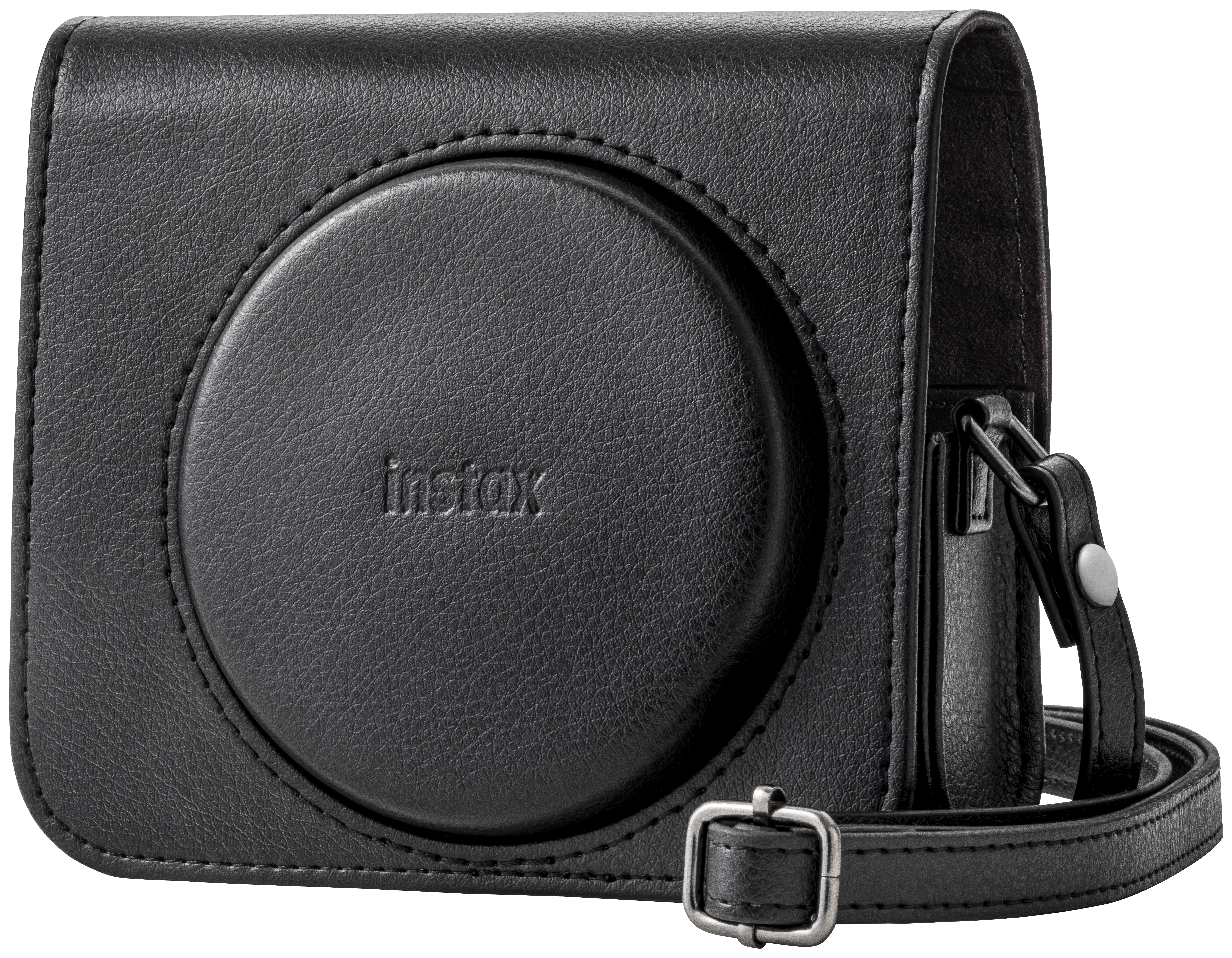 Eine schwarze Instax Kameratasche mit rundem Design und einem Riemen.