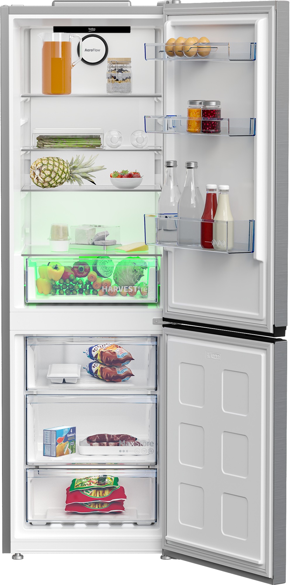 Offener Kühlschrank mit Obst, Gemüse, Flaschen und anderen Lebensmitteln. Silberne Farbe.