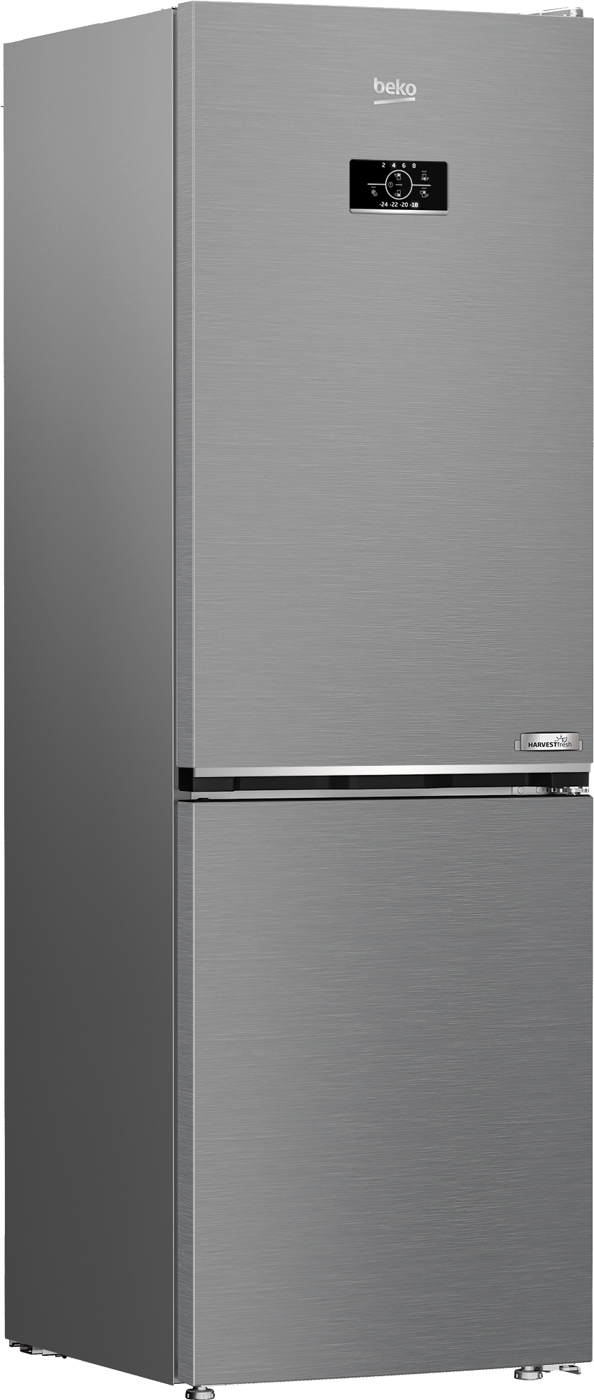 Ein hoher, silberner Kühlschrank mit schwarzem Bedienfeld oben. Er hat zwei Türen und die Marke Beko.