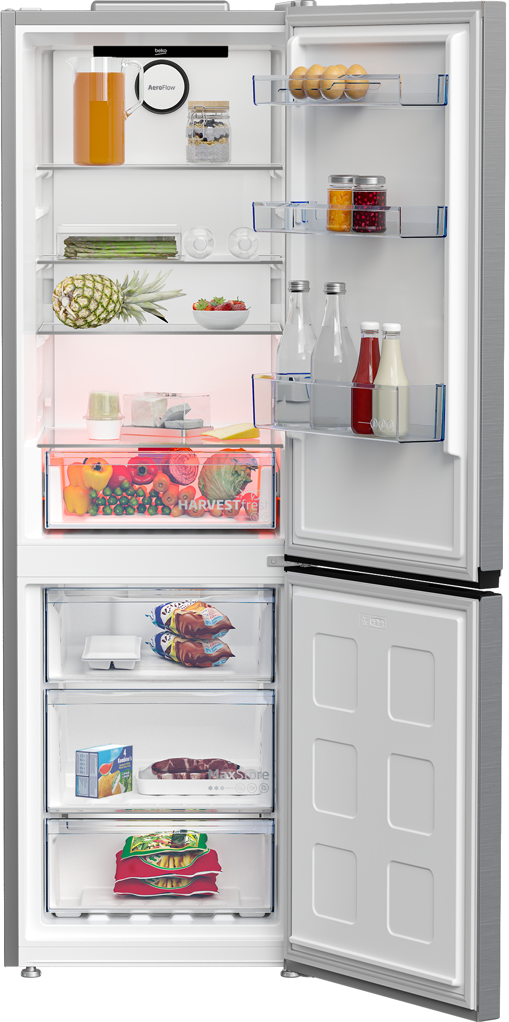 Ein Kühlschrank mit geöffneten Türen, der Regale mit verschiedenen Lebensmitteln zeigt.
