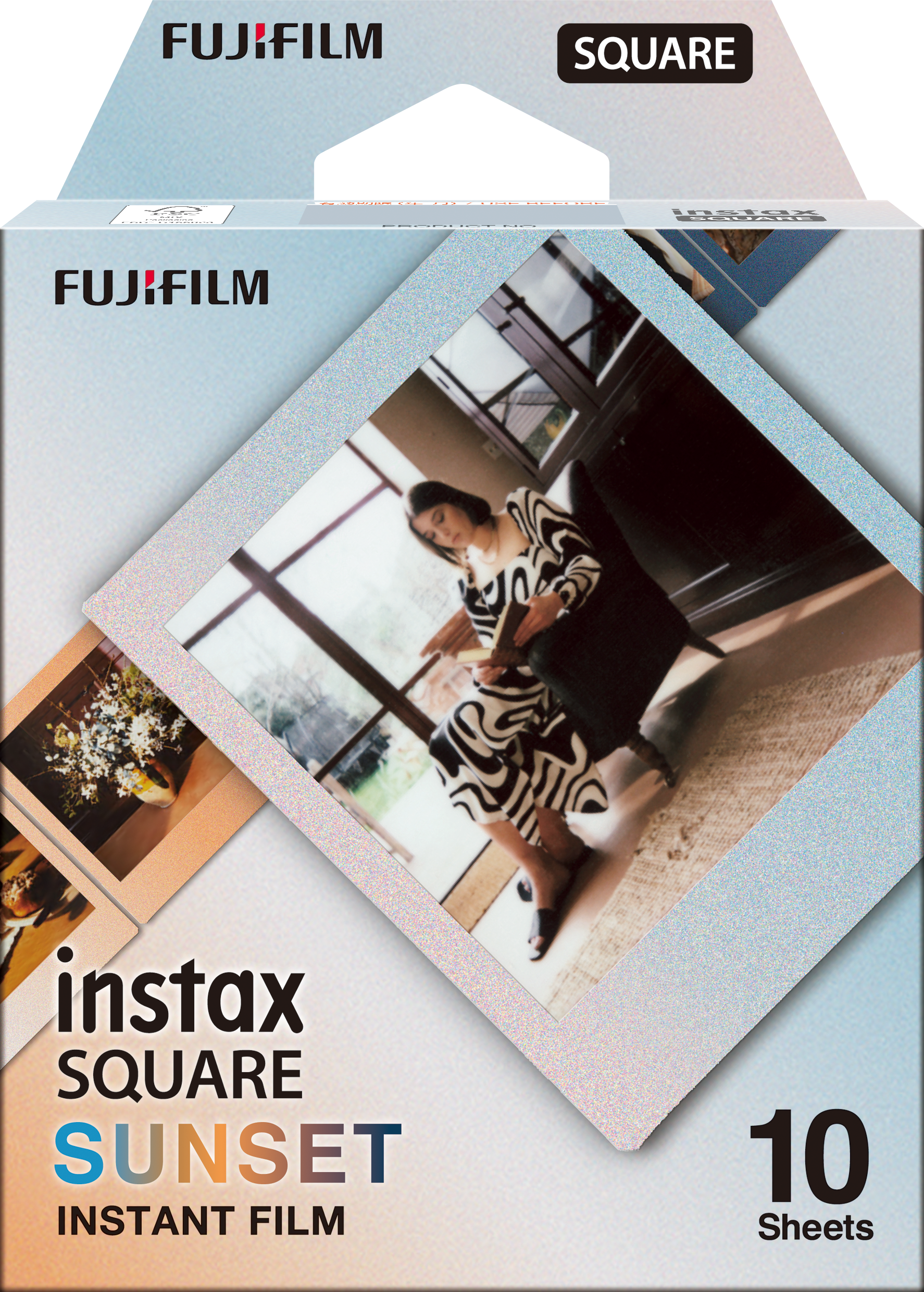 Instax Square Filmbox. Die Box zeigt eine Frau in Schwarzweiß, und das Wort 'Sunset'.