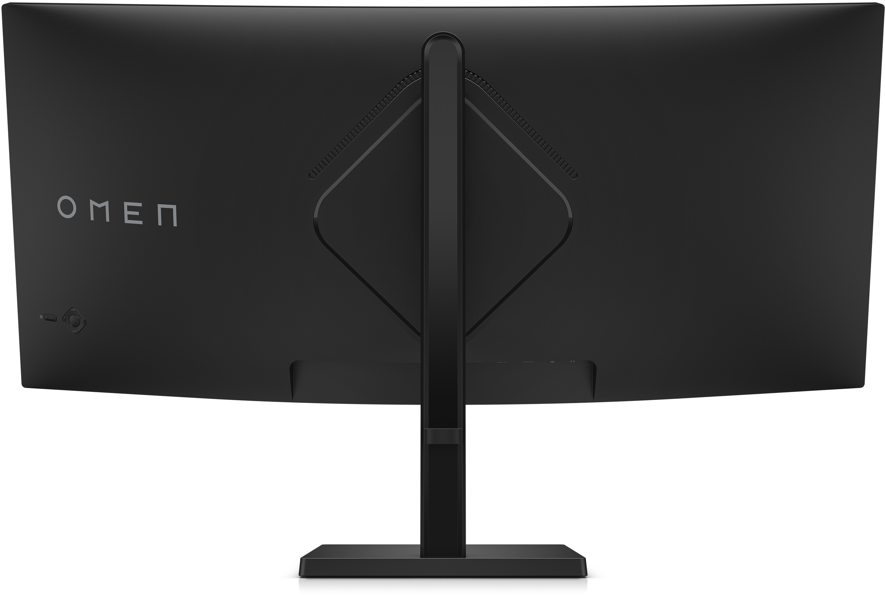 Rückseite eines schwarzen OMEN-Monitors mit Ständer und Anschlüssen. Das OMEN-Logo ist sichtbar.